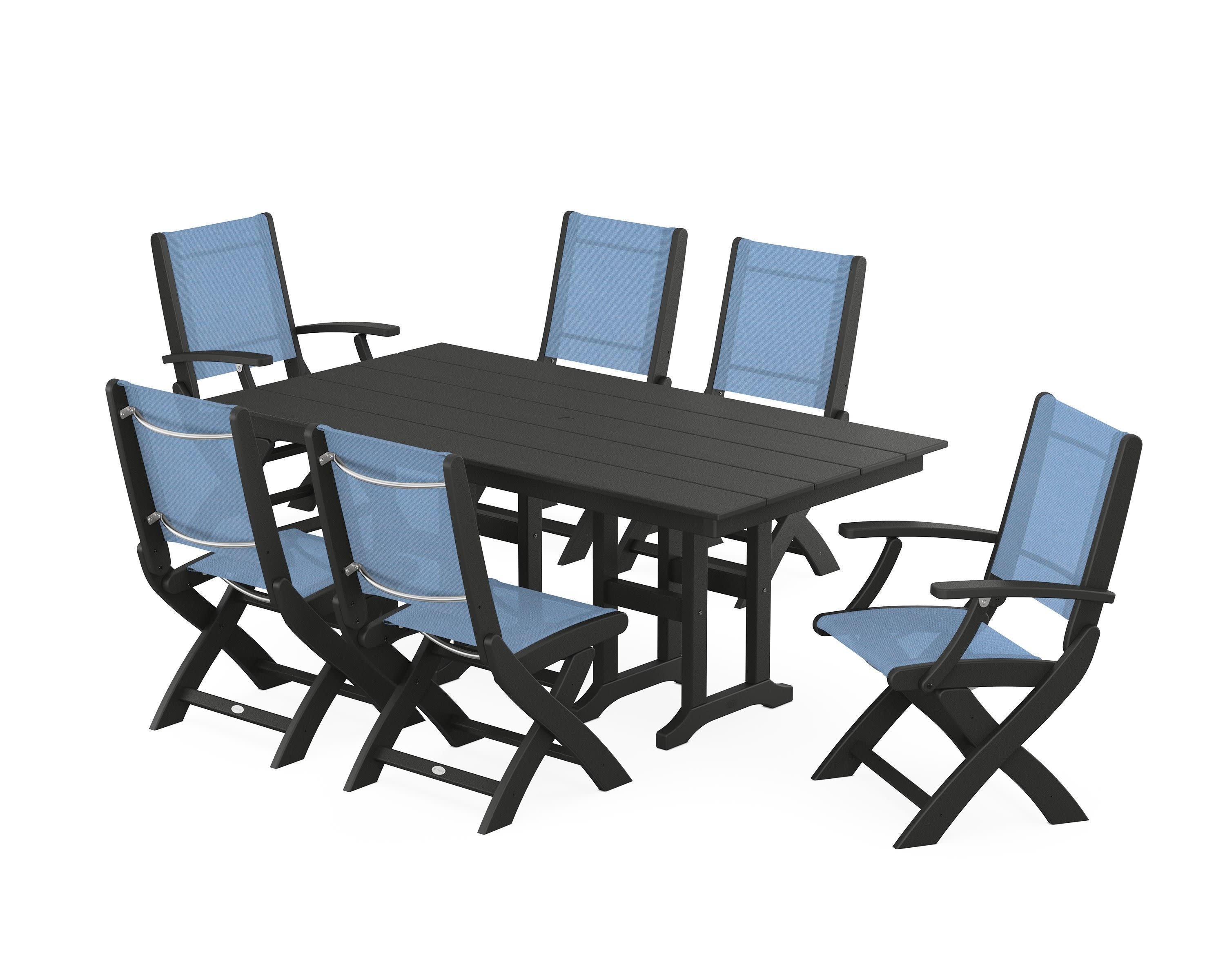 Coastal Folding Chair 7-Piece Farmhouse Dining Set in Black / Poolside Sling