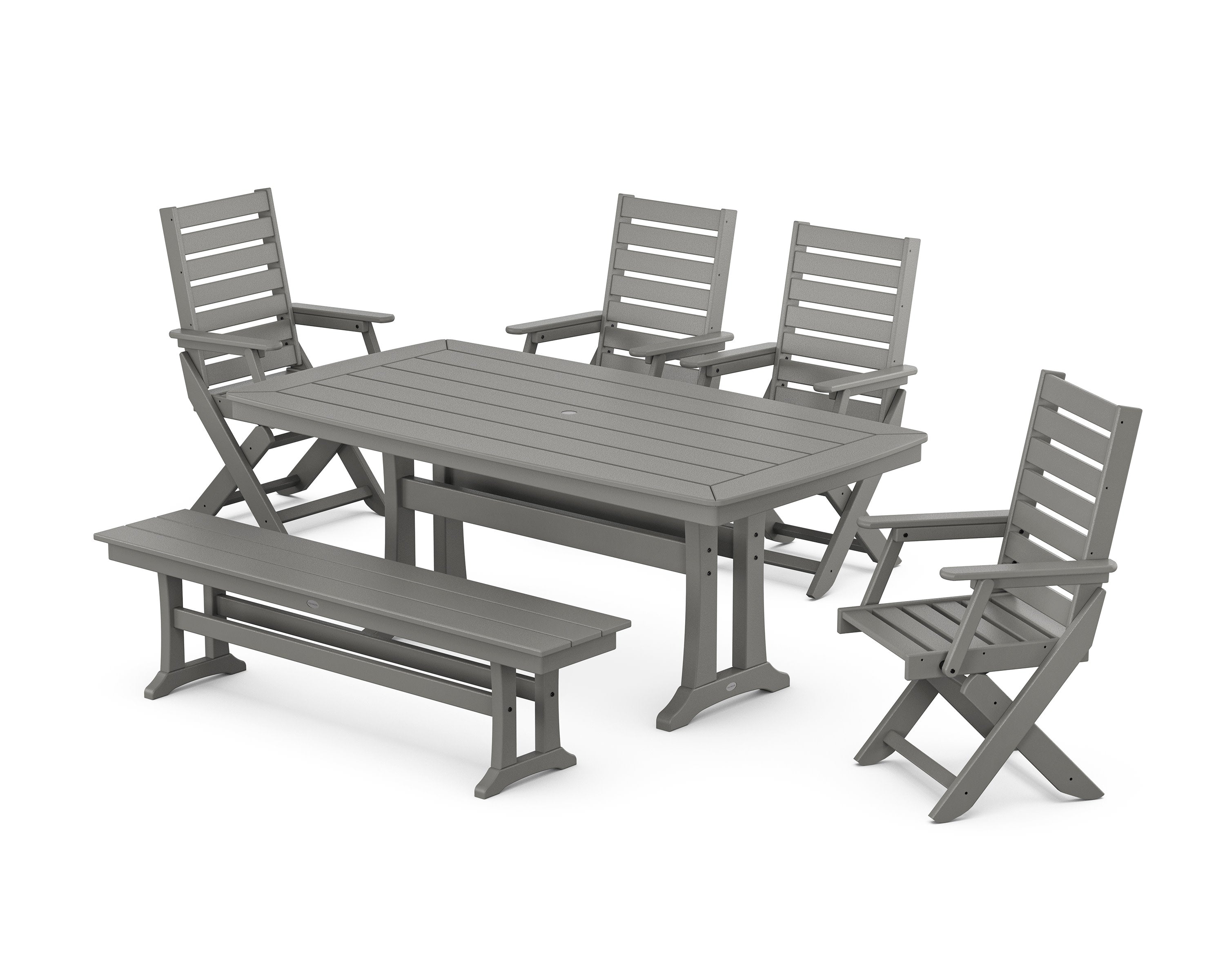 Captain Folding Chair 6-Piece Dining Set with Trestle Legs and Bench in Slate Grey