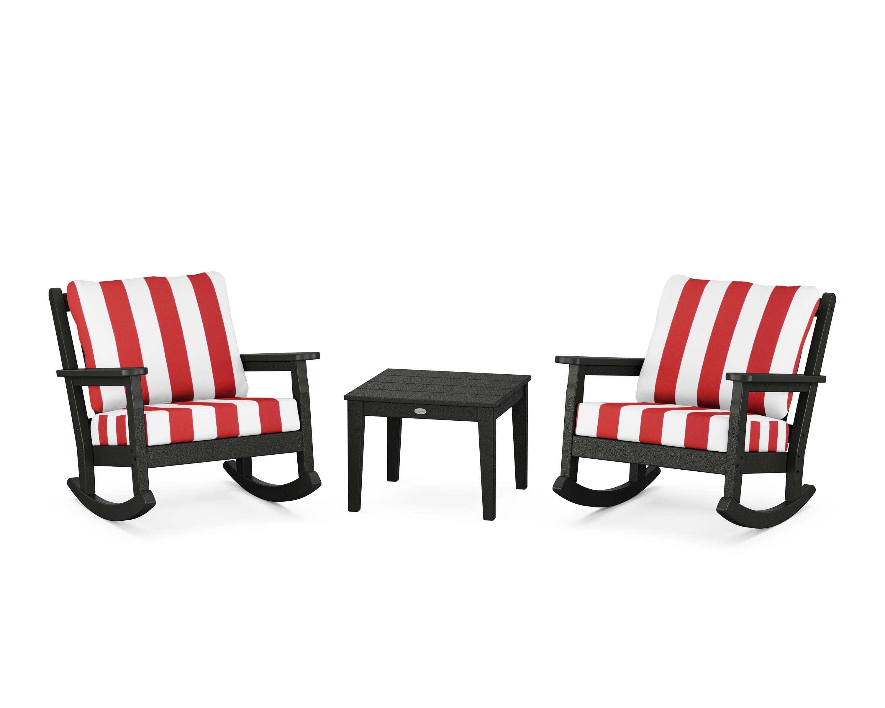 Chippendale 3-Piece Deep Seating Rocker Set in Black / Cabana Stripe Crimson