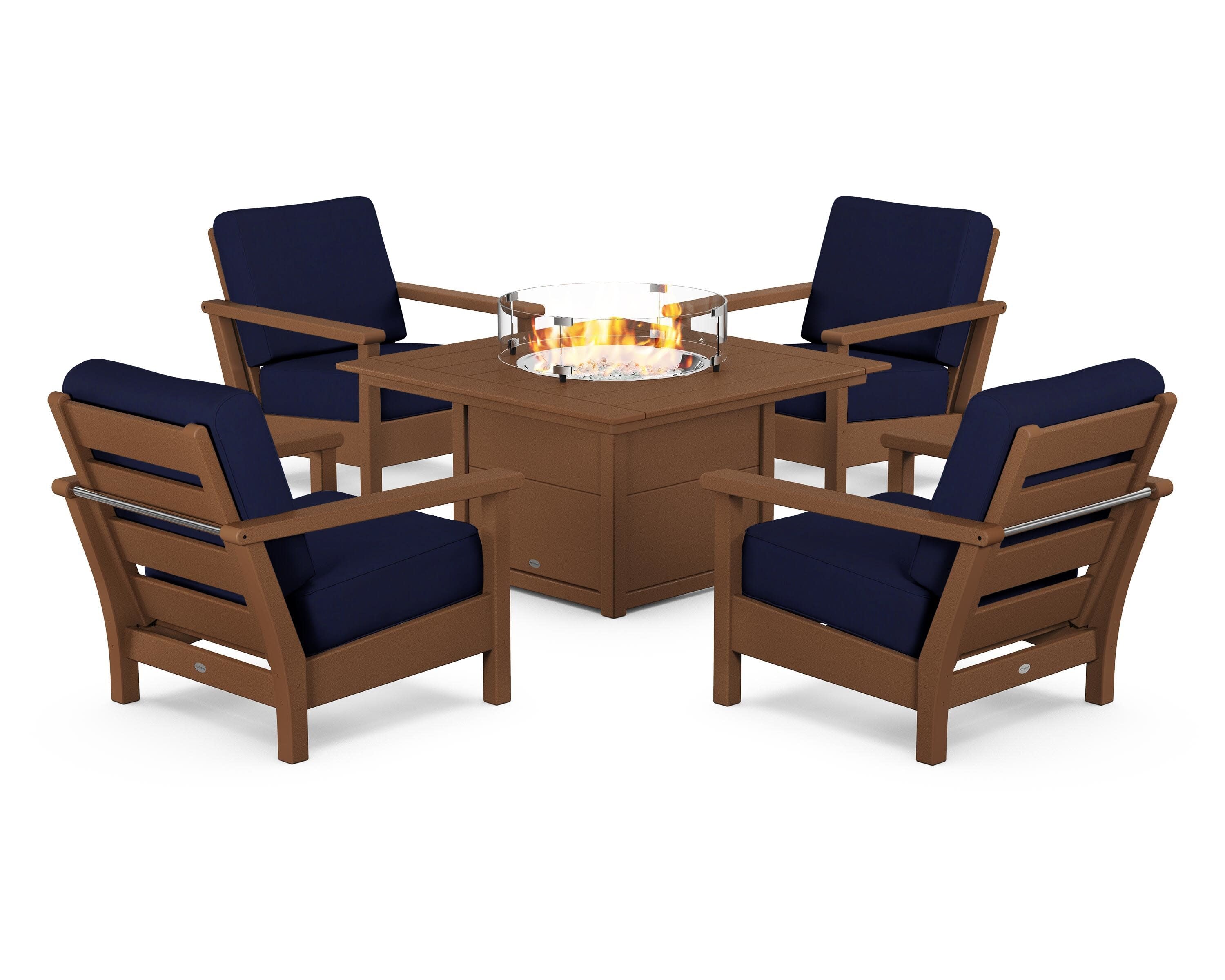Harbour 5-Piece Conversation Set with Fire Pit Table in Teak / Navy