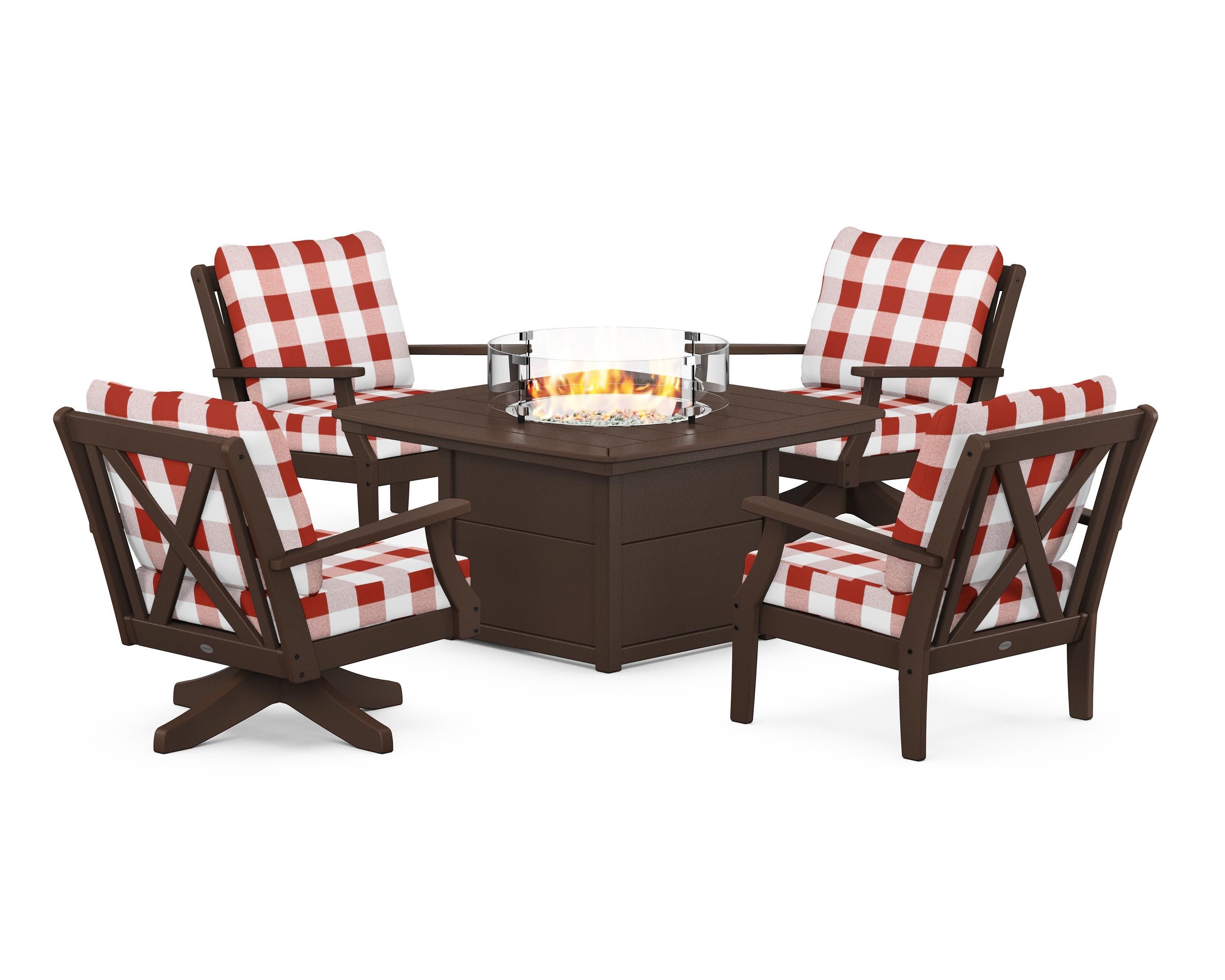 Braxton 5-Piece Deep Seating Set with Fire Table in Mahogany / Buffalo Plaid Crimson