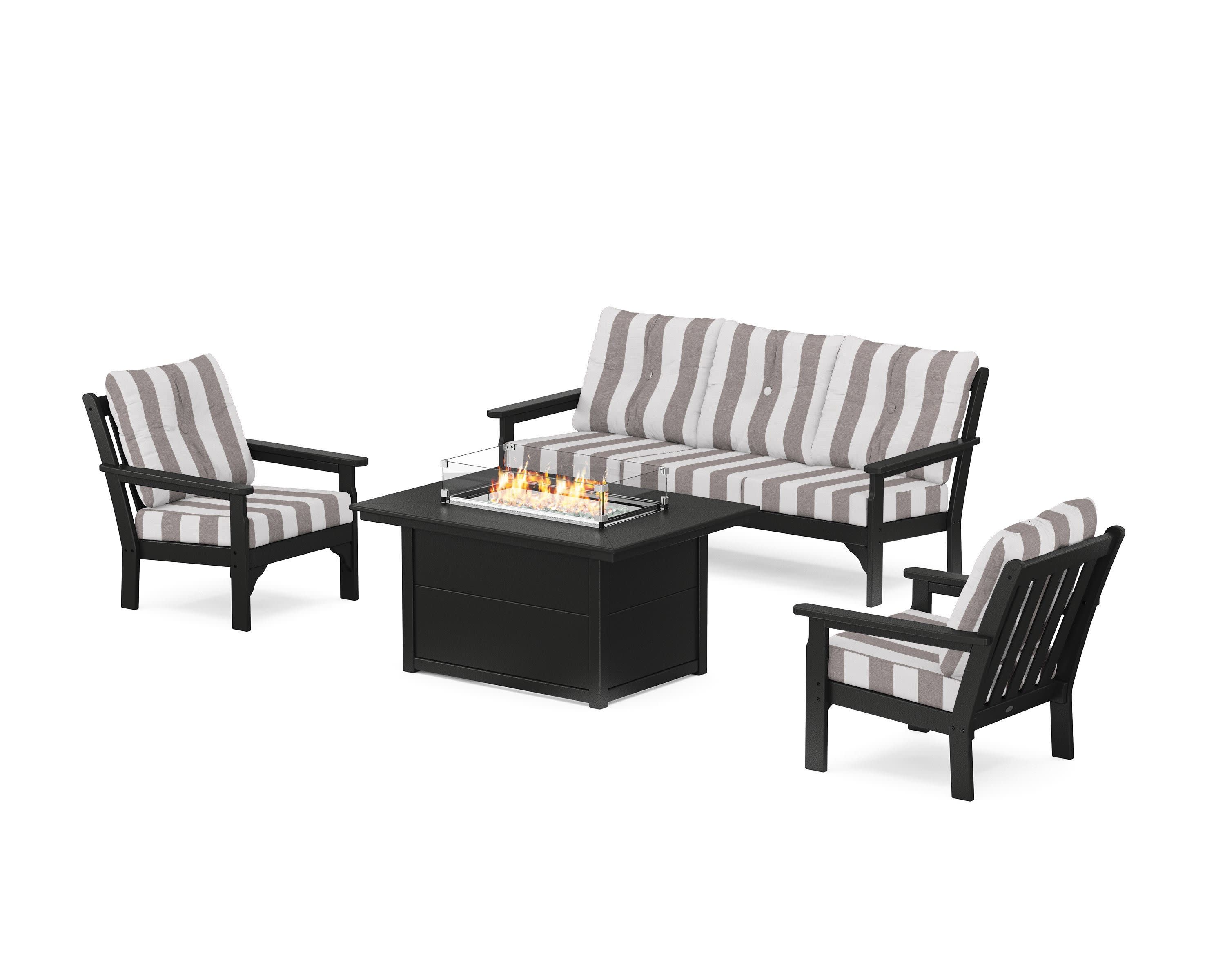 Vineyard Deep Seating Fire Pit Table Set in Black / Cabana Stripe Grey Mist