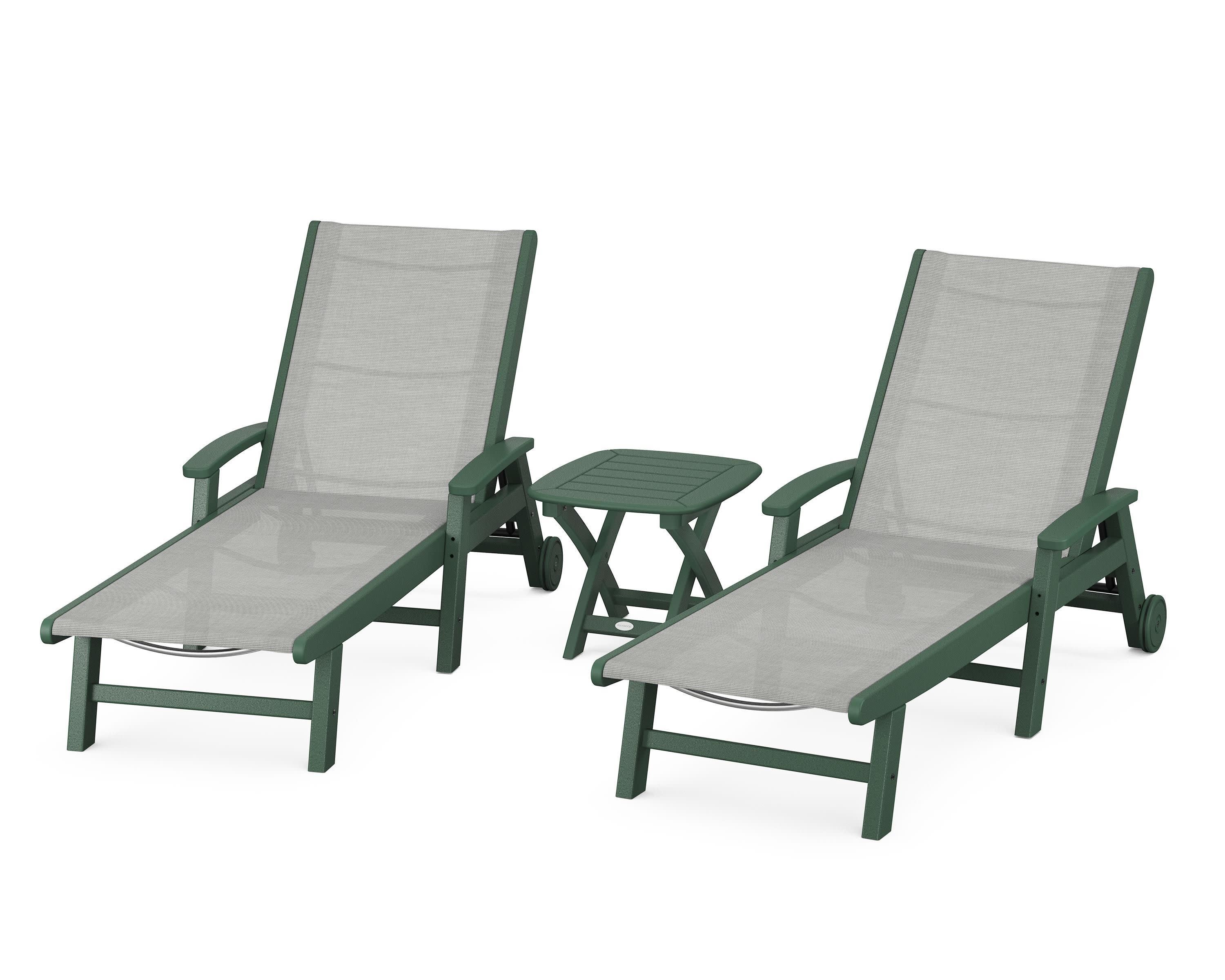Coastal 3-Piece Wheeled Chaise Set in Green / Metallic Sling