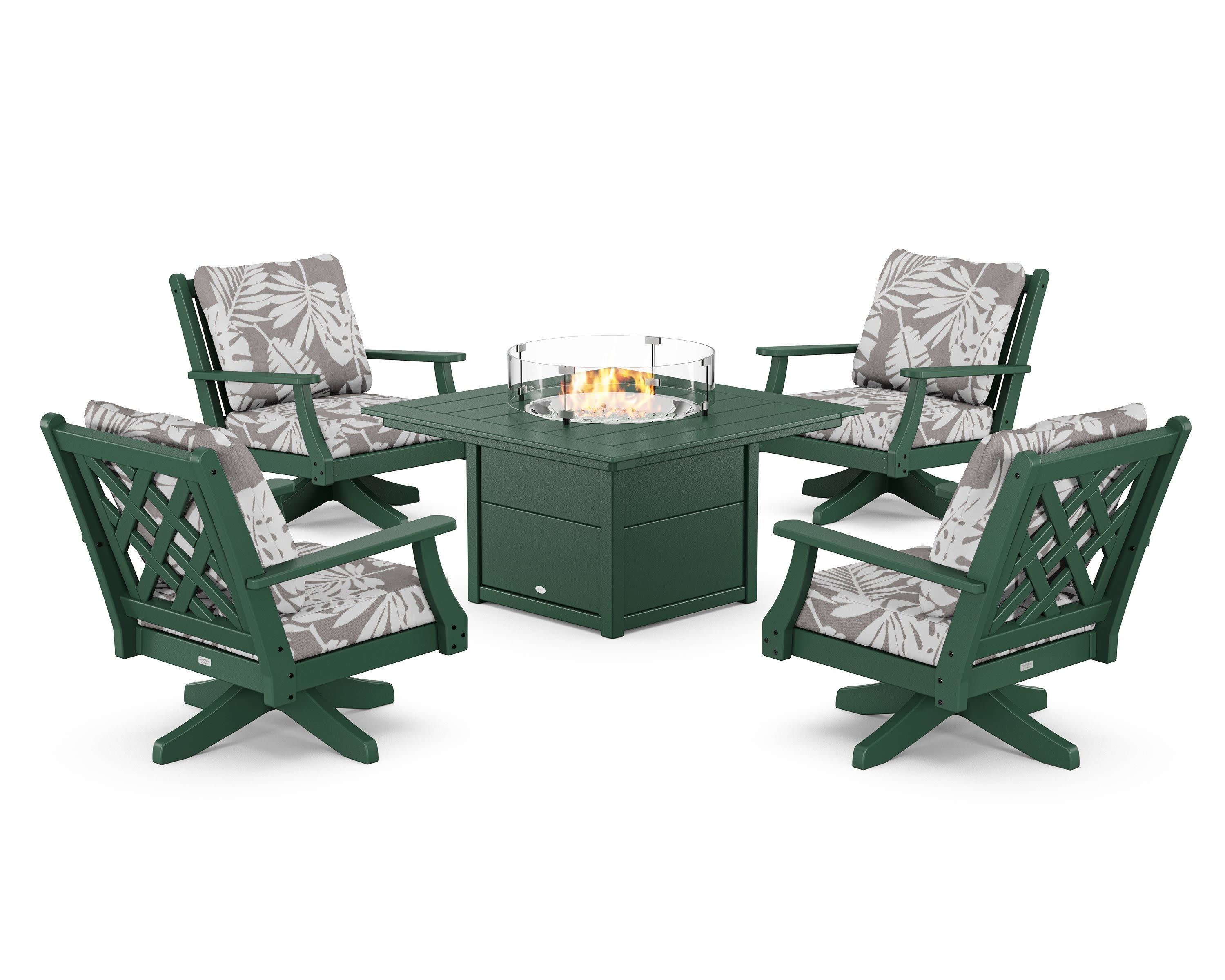 Wovendale 5-Piece Deep Seating Swivel Conversation Set with Fire Pit Table in Green / Leaf Grey Mist