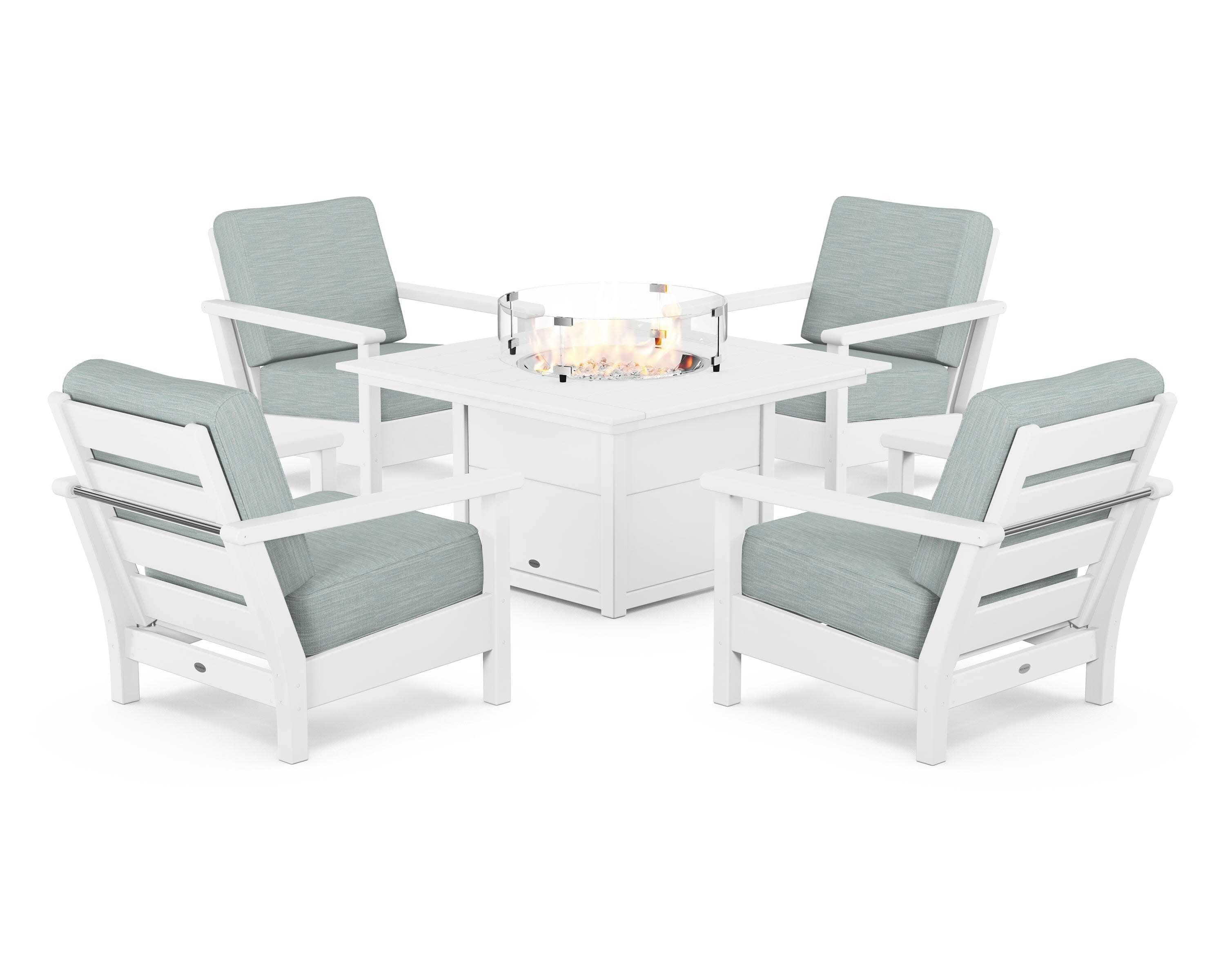 Harbour 5-Piece Conversation Set with Fire Pit Table in White / Soothe Mist