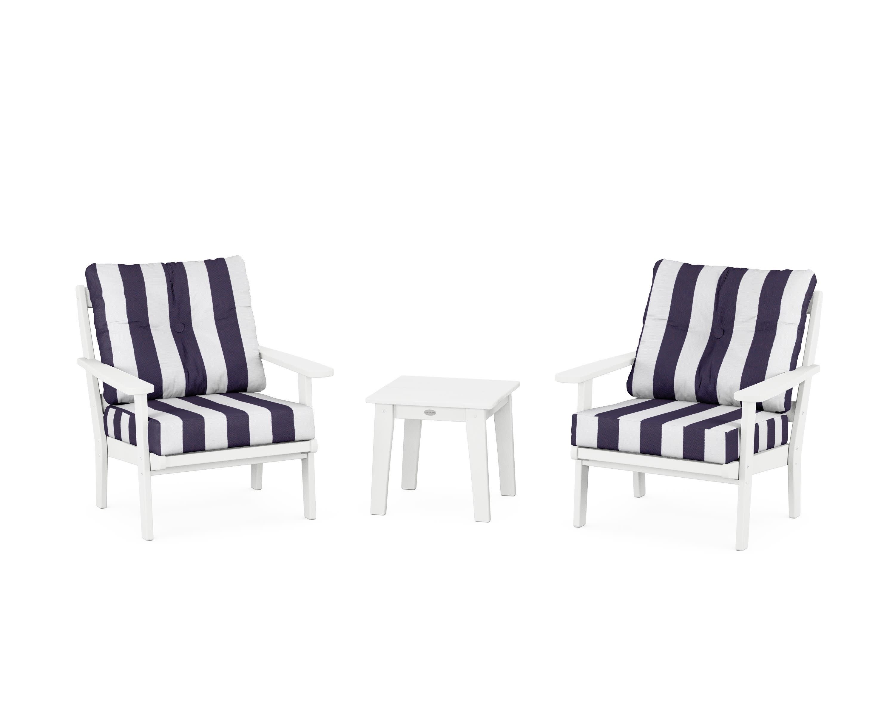 Mission 3-Piece Deep Seating Set in White / Cabana Stripe Navy