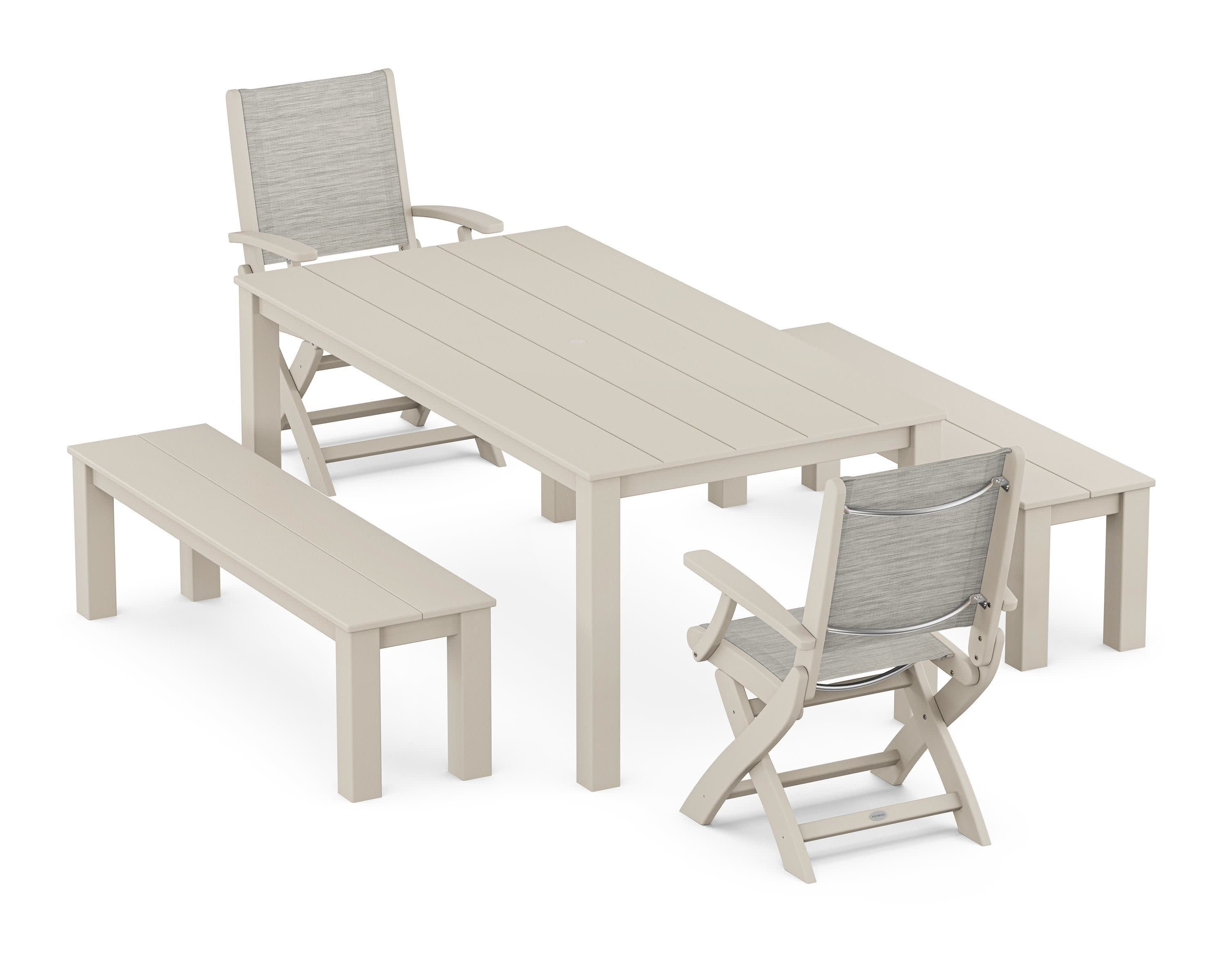 Coastal Folding Chair 5-Piece Parsons Dining Set with Benches in Sand / Birch Sling