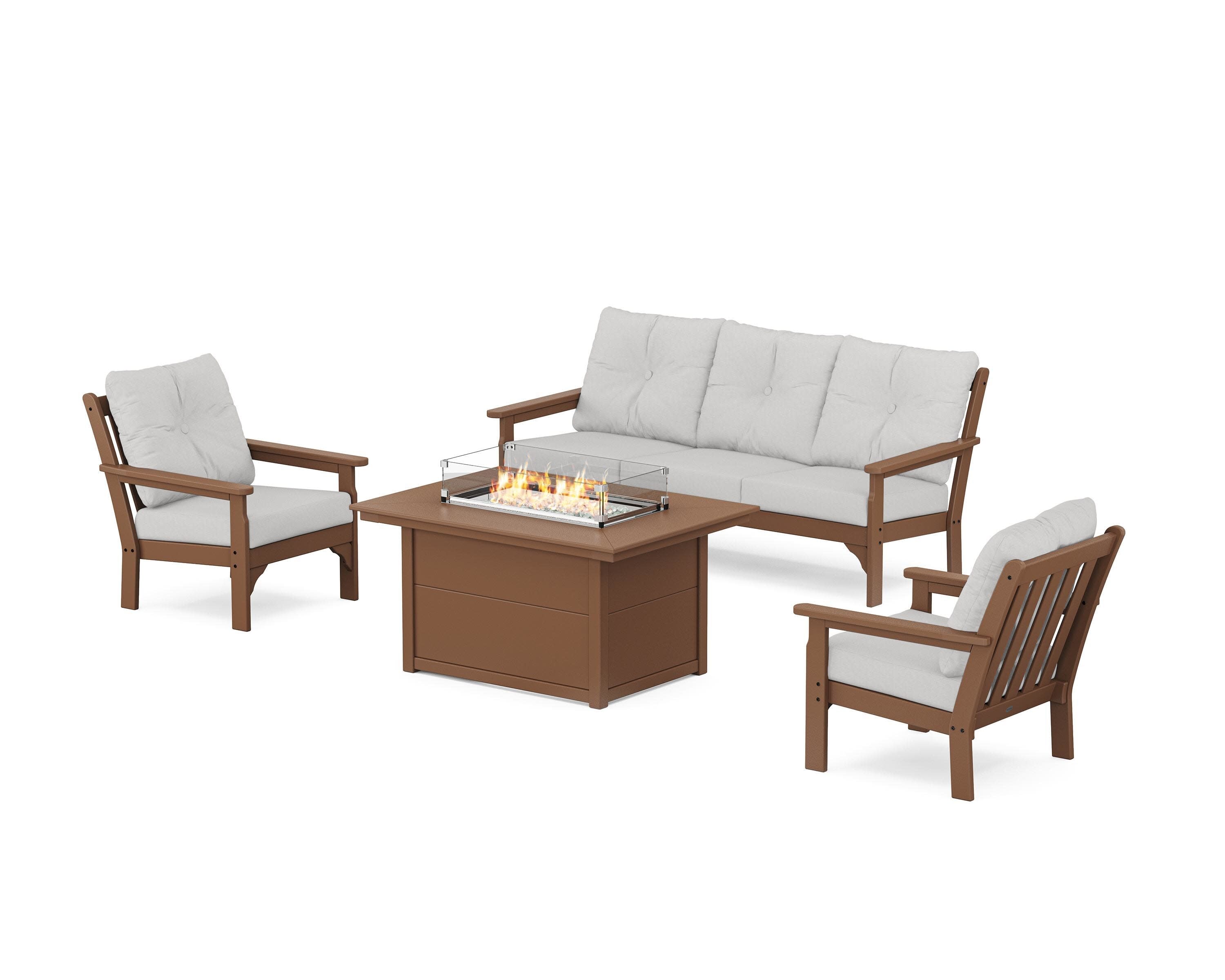 Vineyard Deep Seating Fire Pit Table Set in Teak / Diamond in the Rough