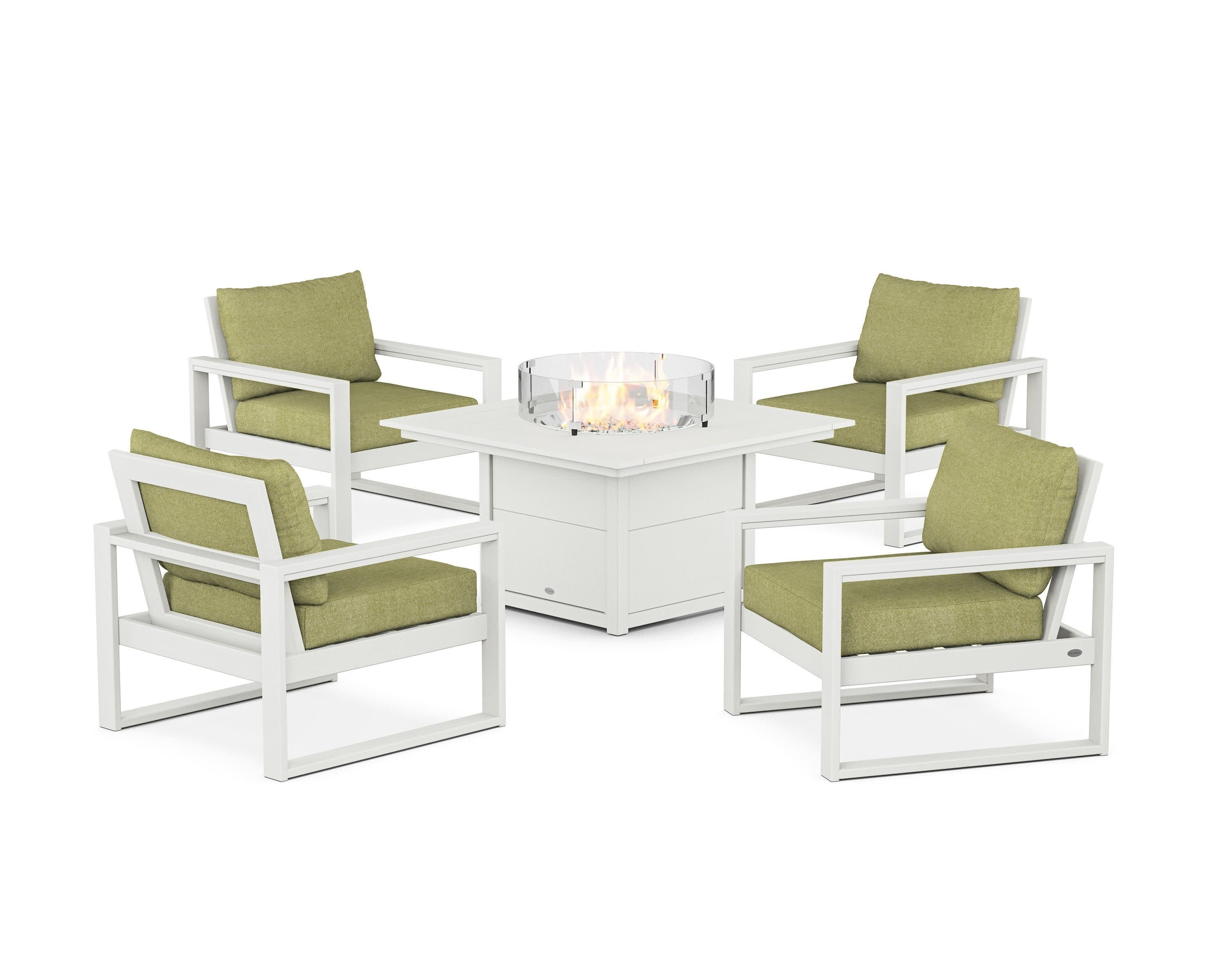 EDGE Sectional 5-Piece Deep Seating Set with Fire Pit Table in Vintage White / Chartreuse Boucle