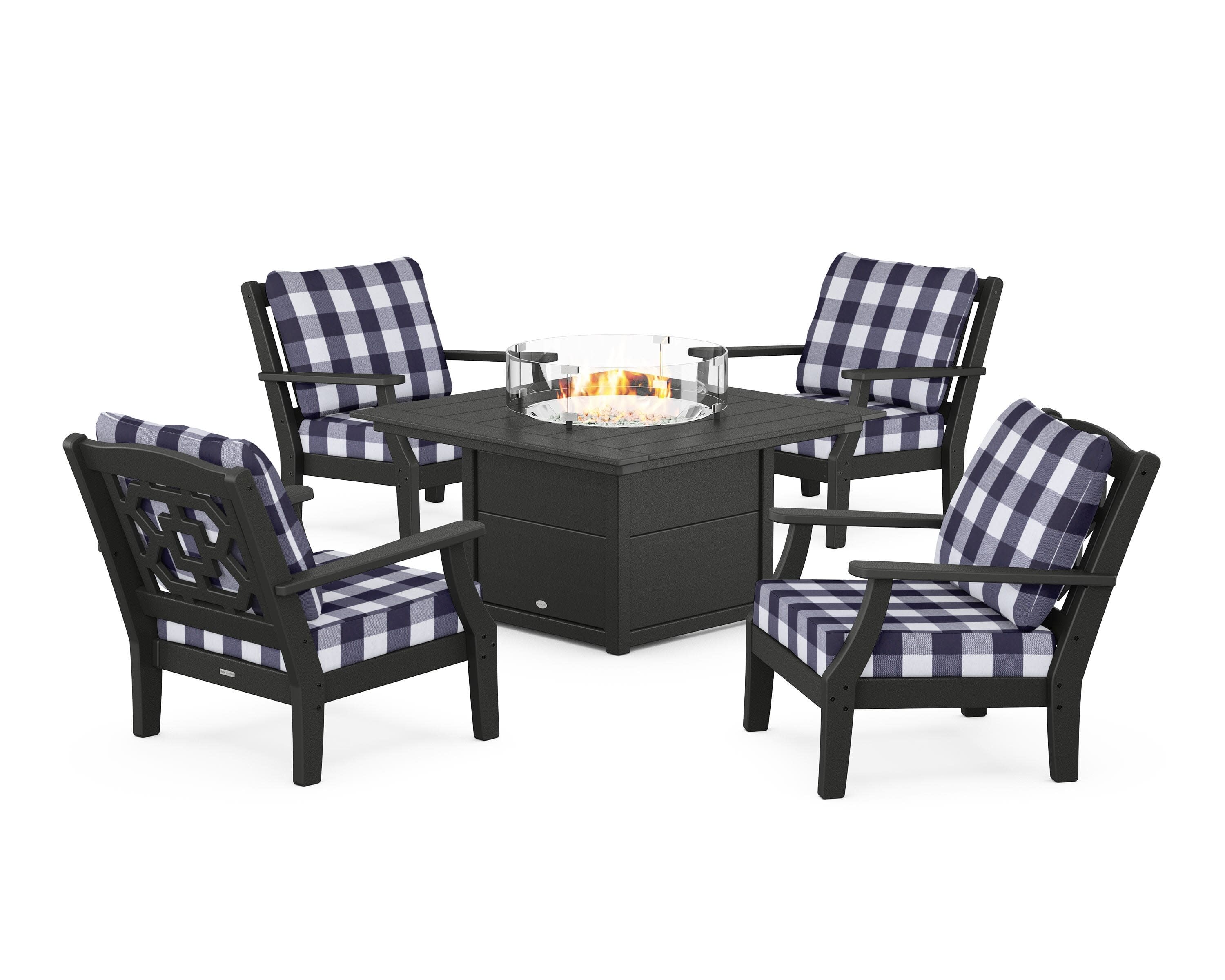 Chinoiserie 5-Piece Deep Seating Set with Fire Pit Table in Black / Buffalo Plaid Navy