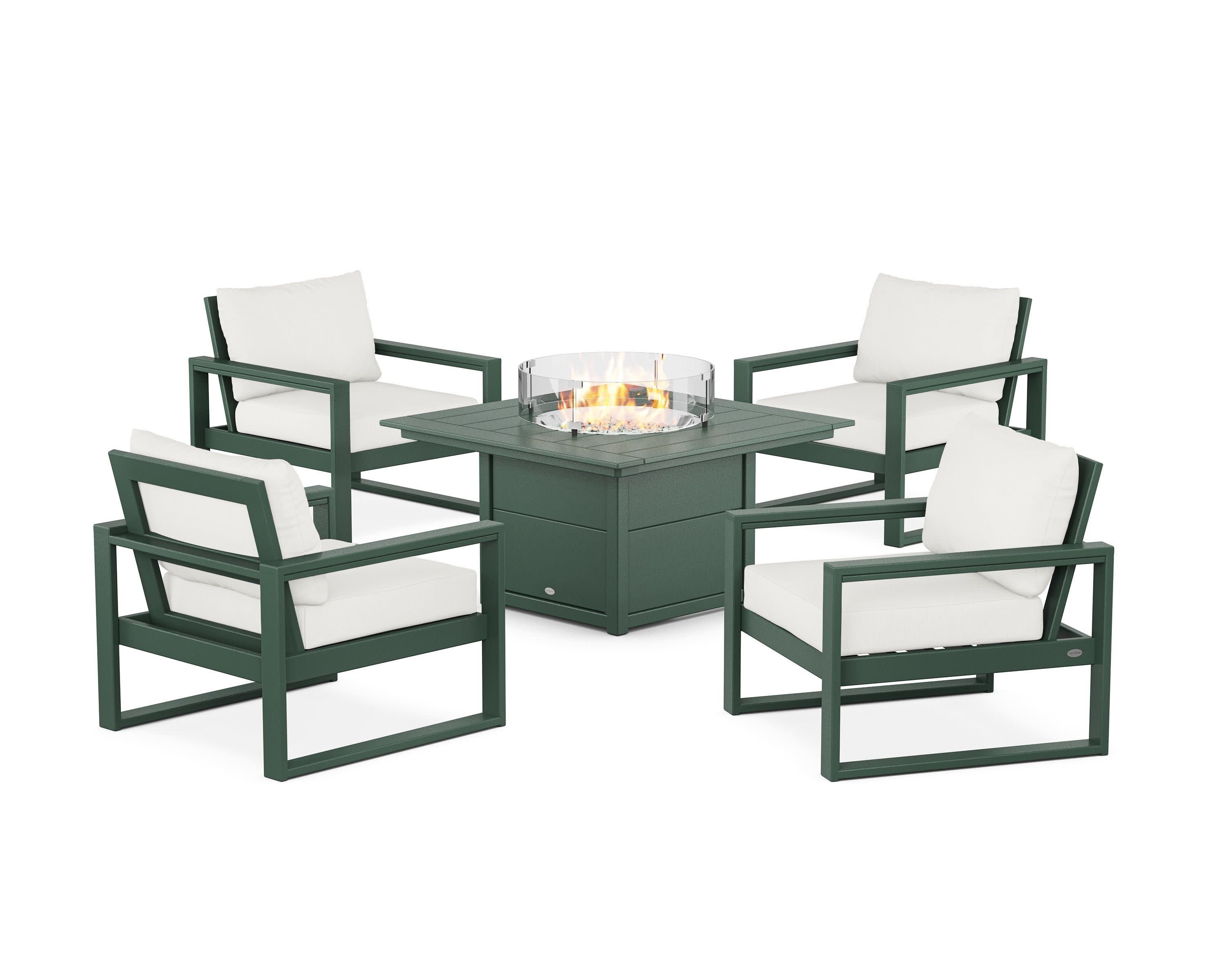 EDGE Sectional 5-Piece Deep Seating Set with Fire Pit Table in Green / Natural Linen
