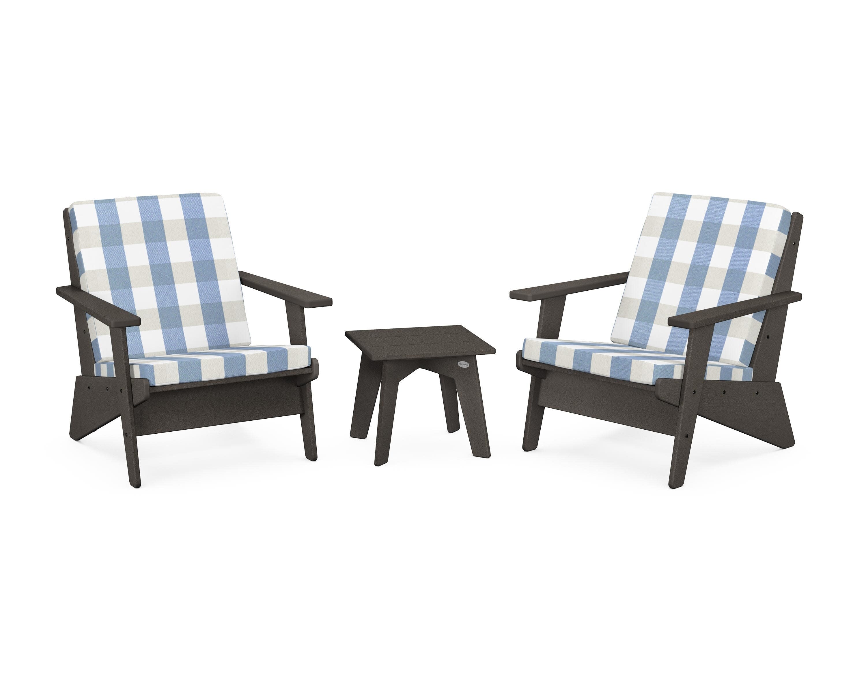 Riviera Modern Lounge 3-Piece Set in Vintage Coffee / Buffalo Plaid Sky Blue