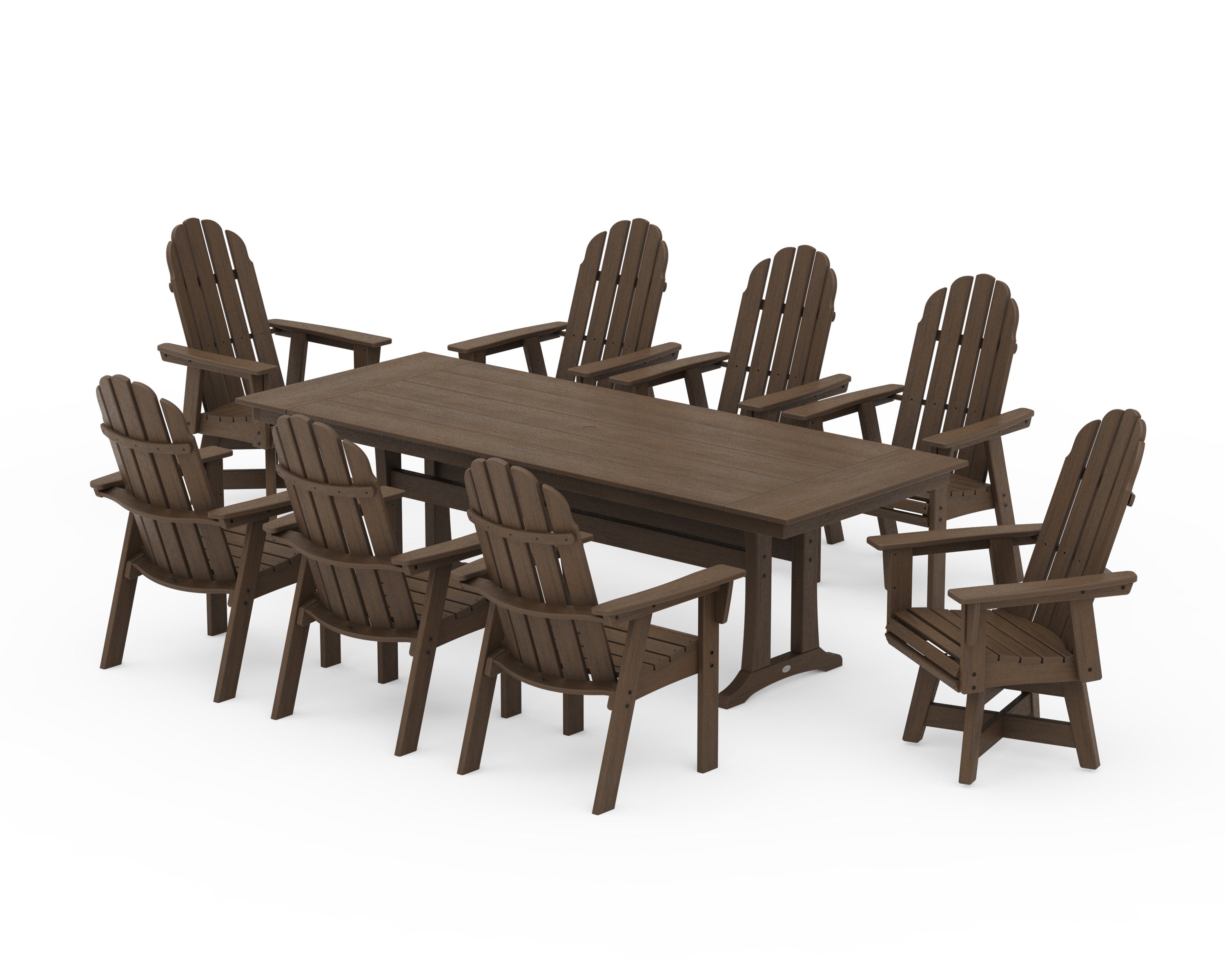 Vineyard 9-Piece Curveback Adirondack Swivel Farmhouse Dining Set with Trestle Legs in Kona