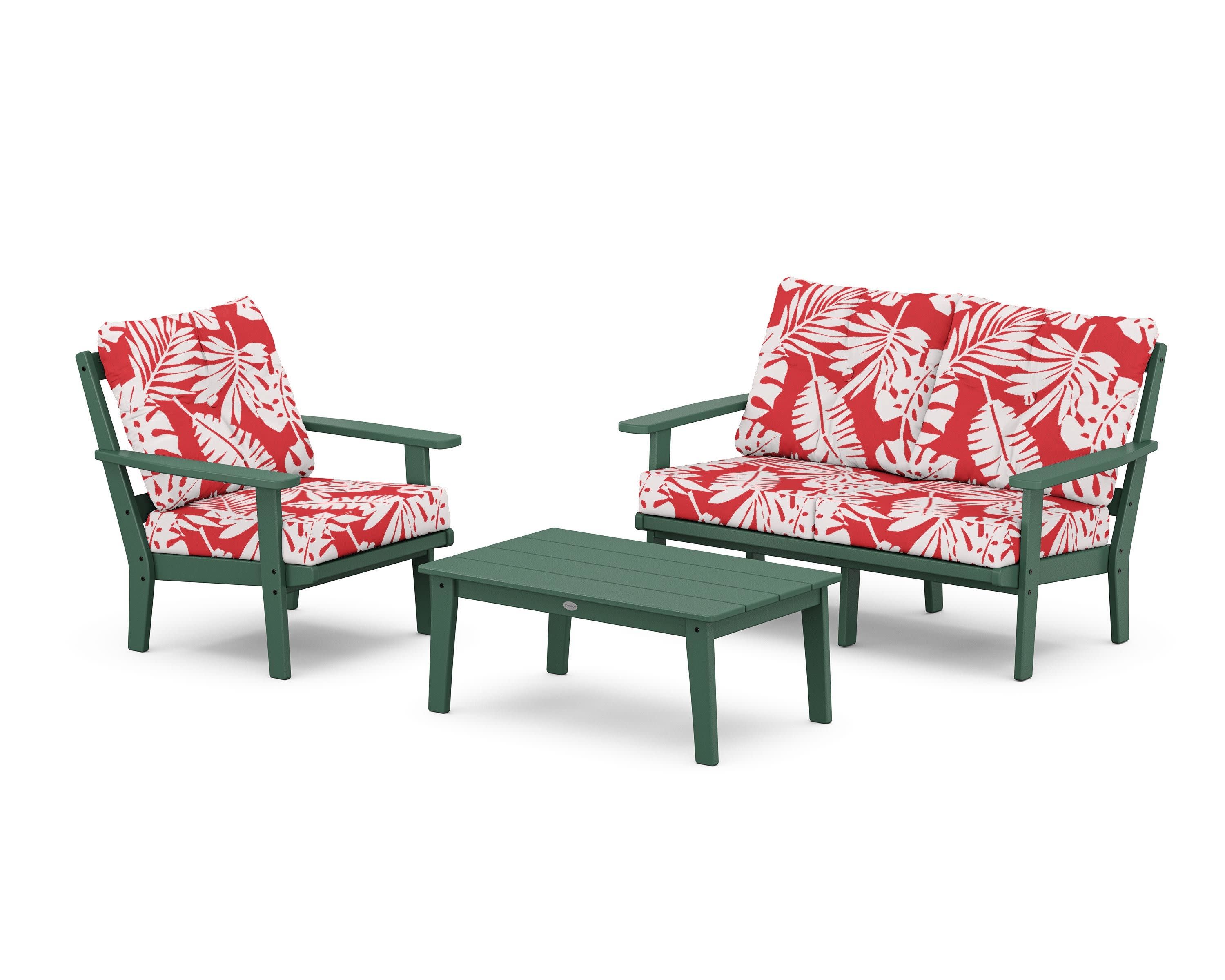 Oxford 3-Piece Deep Seating Set with Loveseat in Green / Leaf Crimson