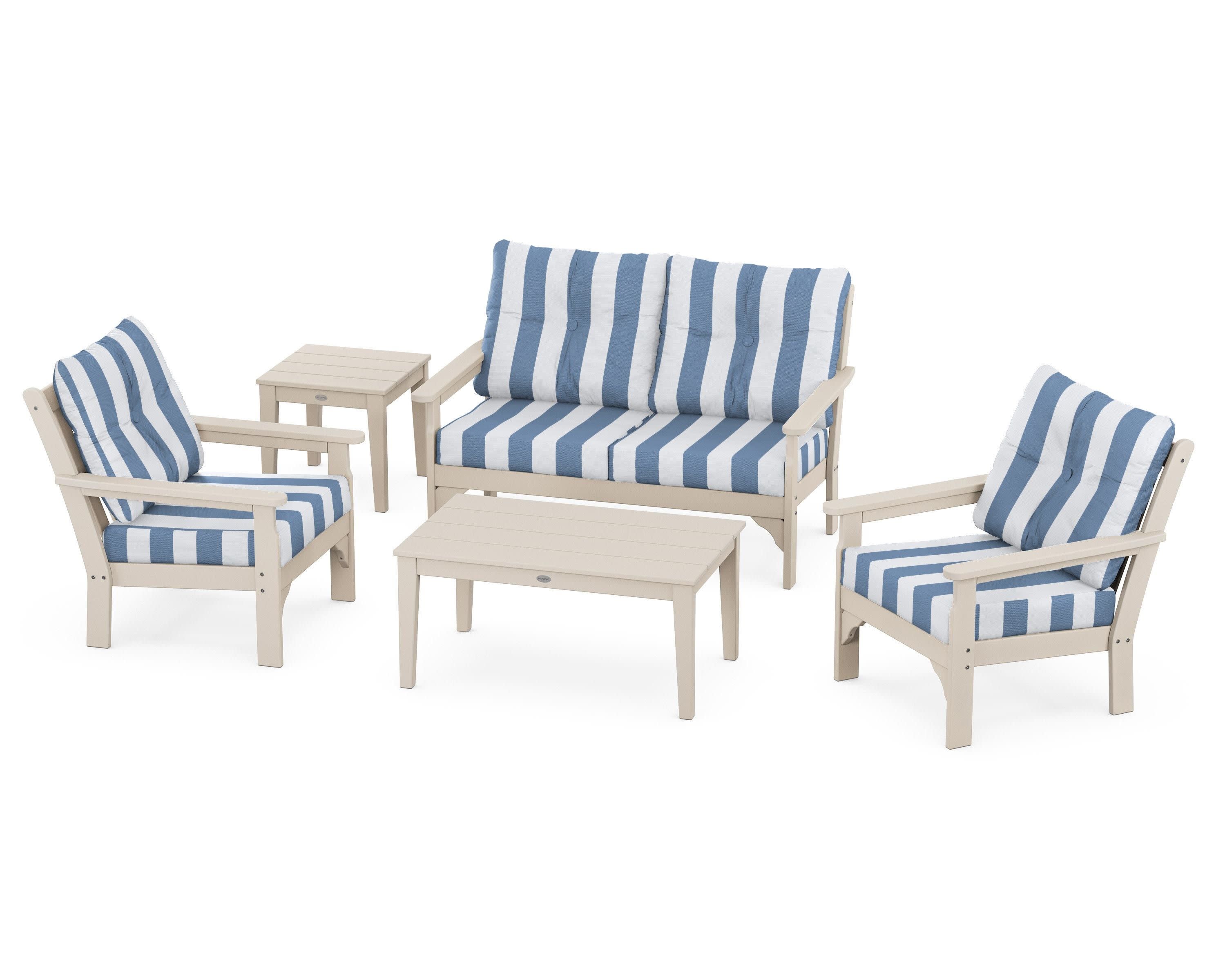 Vineyard 5-Piece Deep Seating Set in Sand / Cabana Stripe Sky Blue