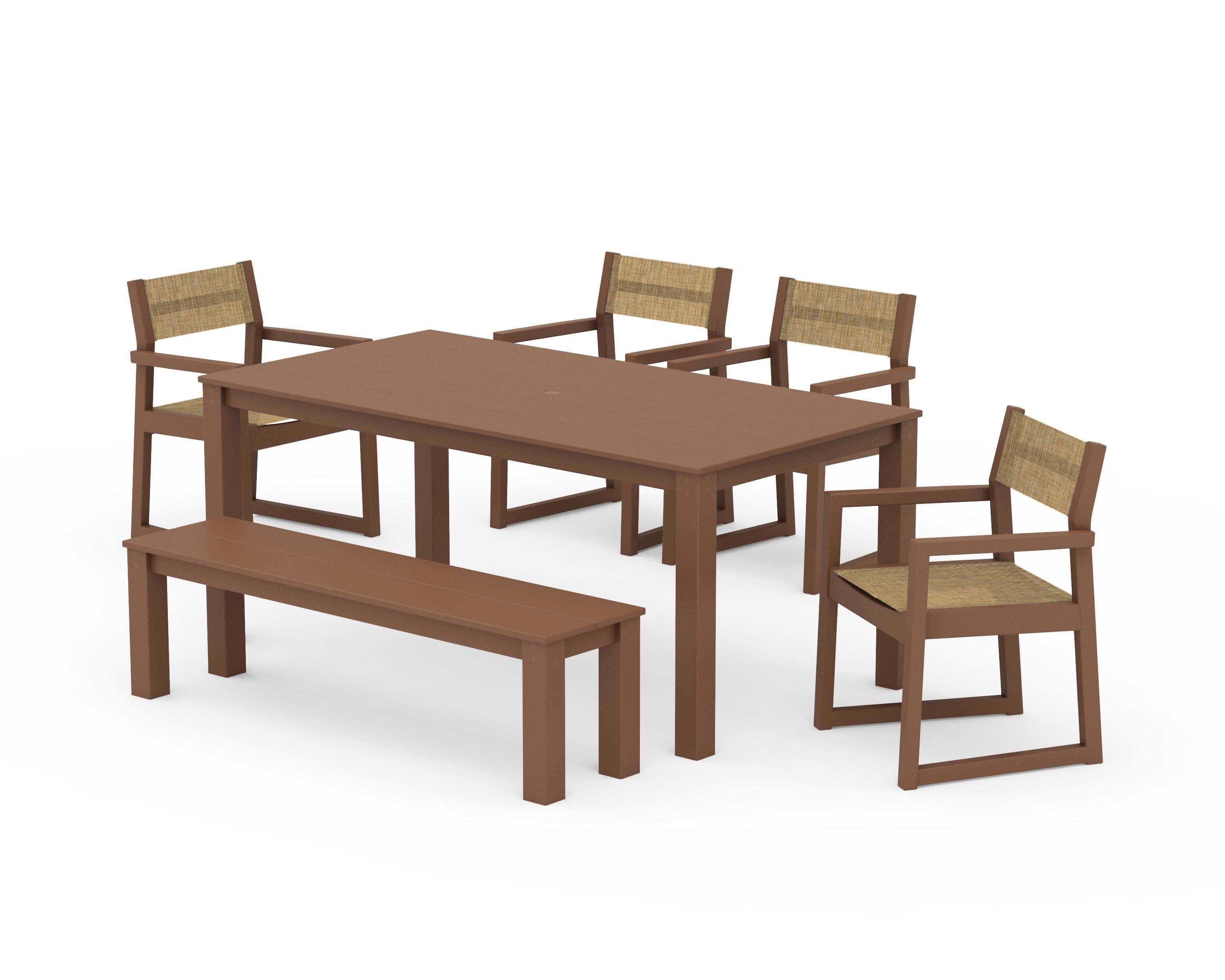 EDGE Sling Arm Chair 6-Piece Parsons Dining Set with Bench in Teak / Burlap Sling