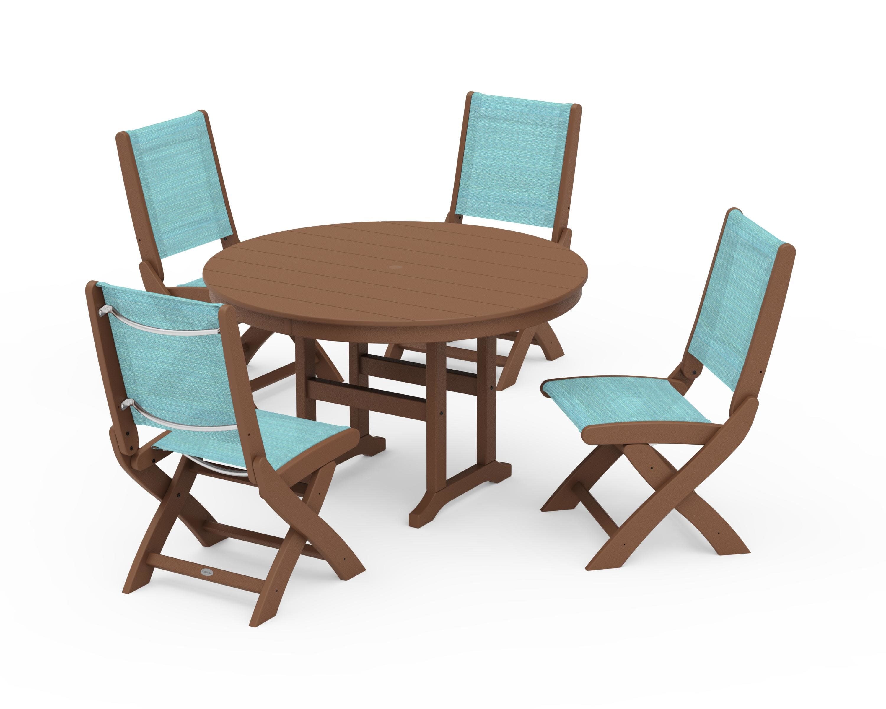 Coastal Folding Side Chair 5-Piece Round Dining Set in Teak / Dupioni Aquamarine Sling