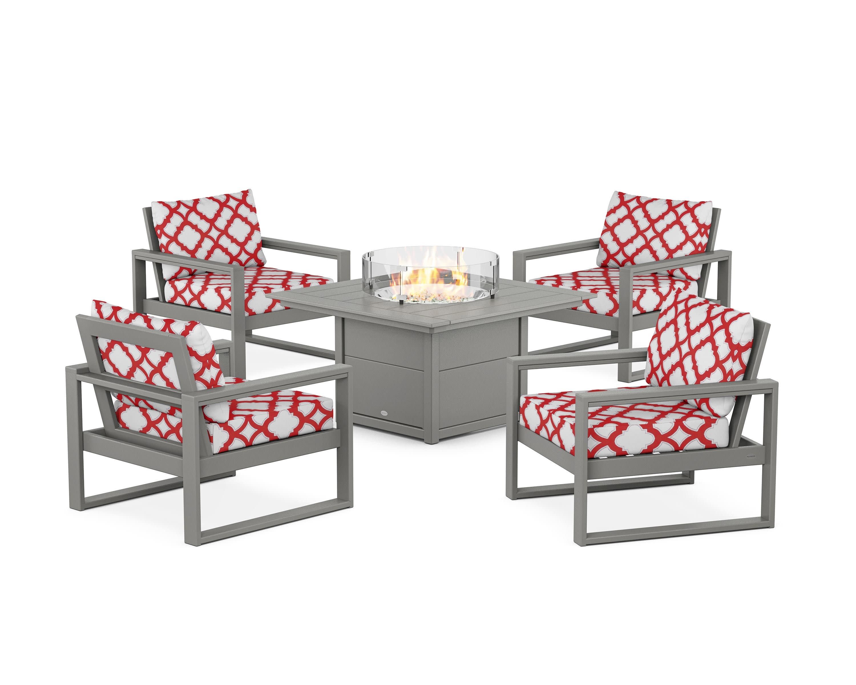 EDGE Sectional 5-Piece Deep Seating Set with Fire Pit Table in Slate Grey / Trellis Crimson