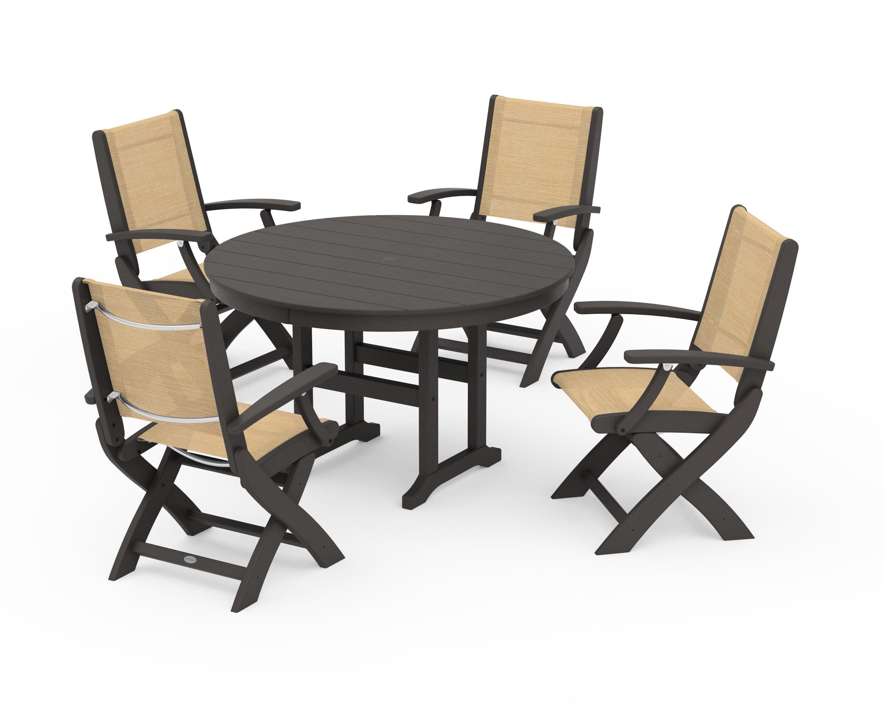 Coastal Folding Chair 5-Piece Round Dining Set in Vintage Coffee / Dupioni Apricot Sling