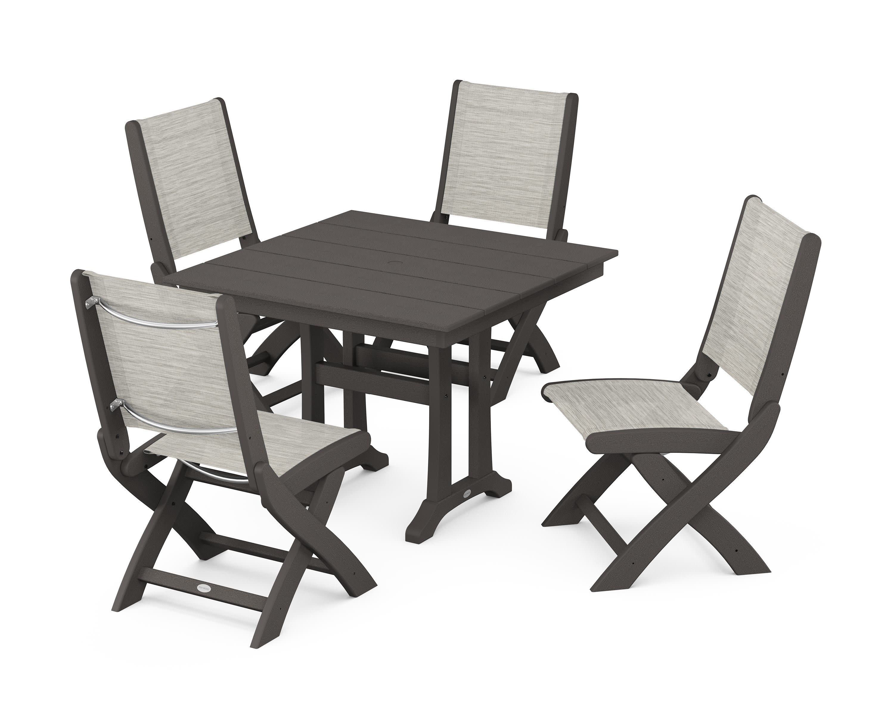 Coastal Folding Side Chair 5-Piece Farmhouse Dining Set With Trestle Legs in Vintage Coffee / Birch Sling