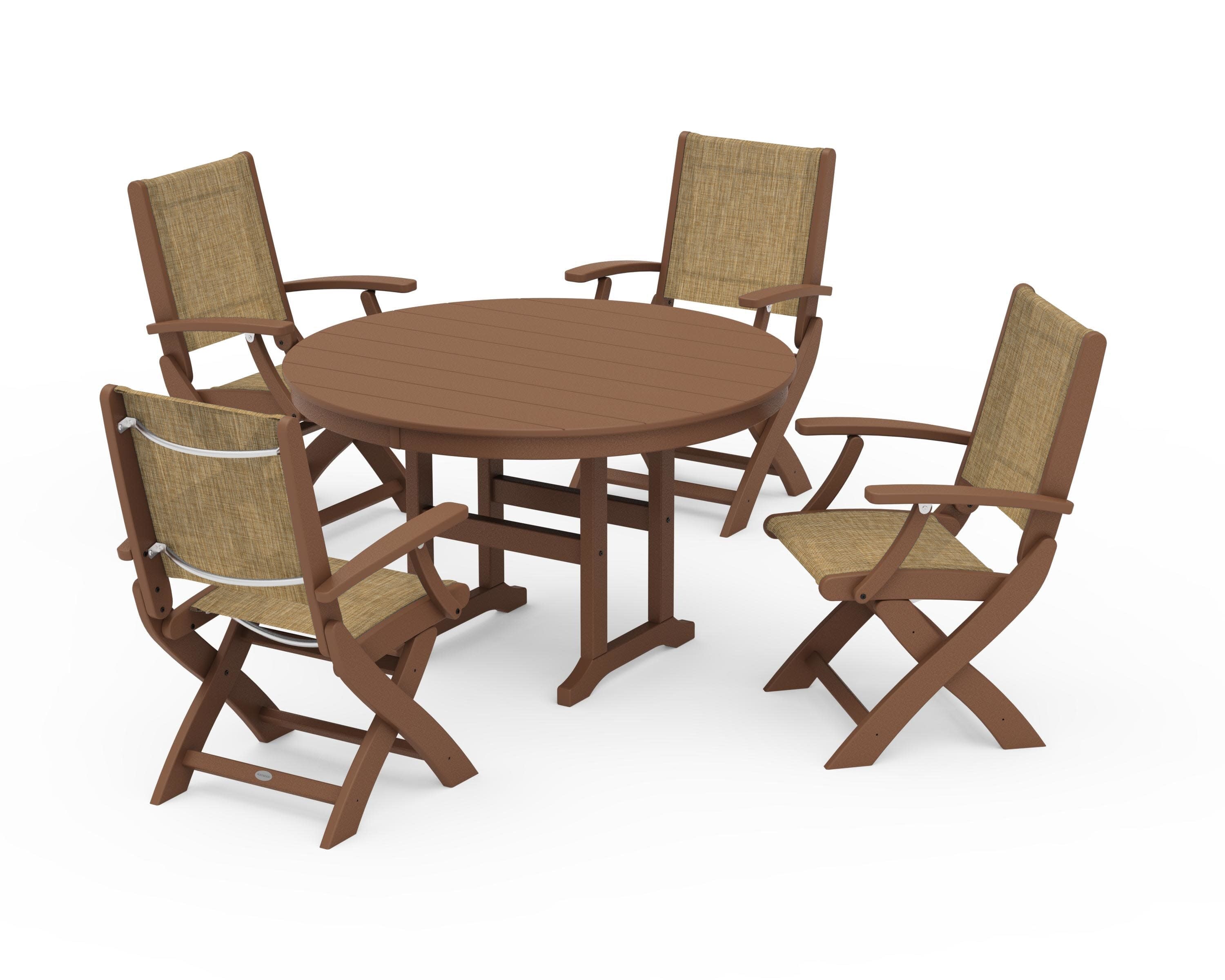 Coastal Folding Chair 5-Piece Round Dining Set in Teak / Burlap Sling
