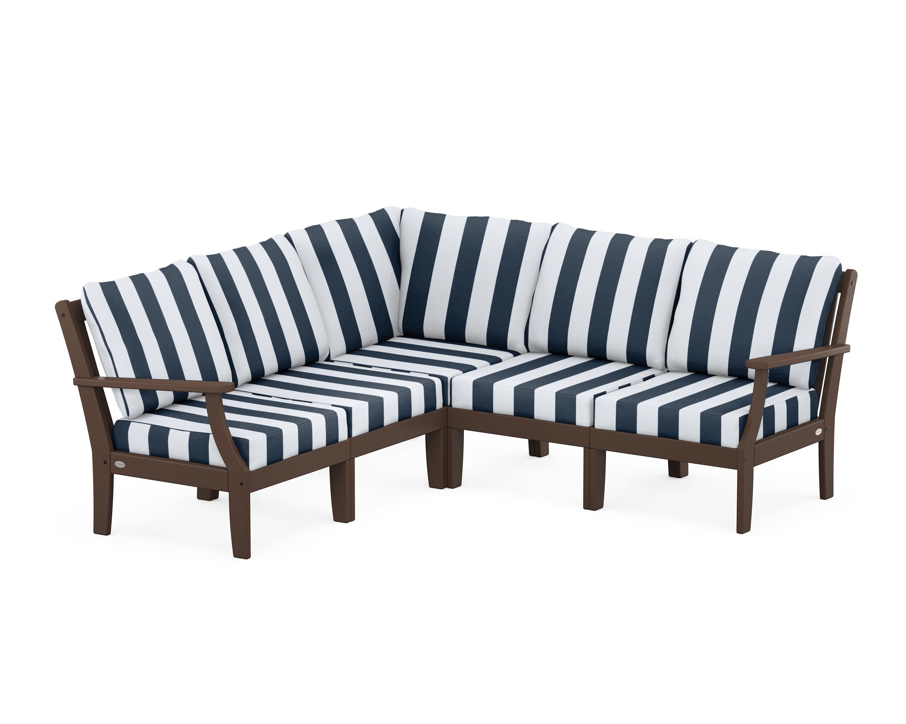 Braxton Modular 5-Piece Deep Seating Set in Mahogany / Cabana Stripe Marine Indigo
