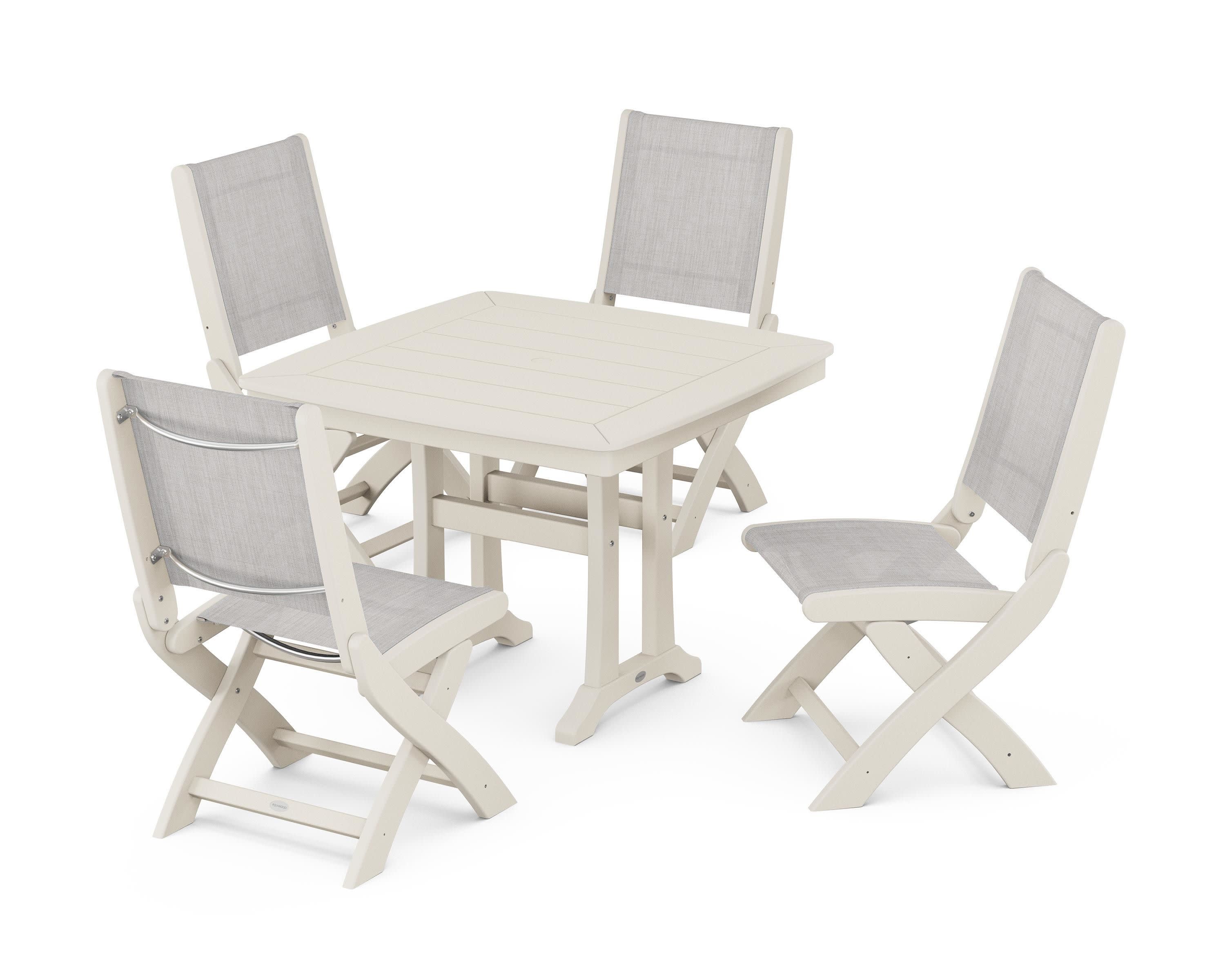 Coastal Folding Side Chair 5-Piece Dining Set with Trestle Legs in Sand / Parchment Sling
