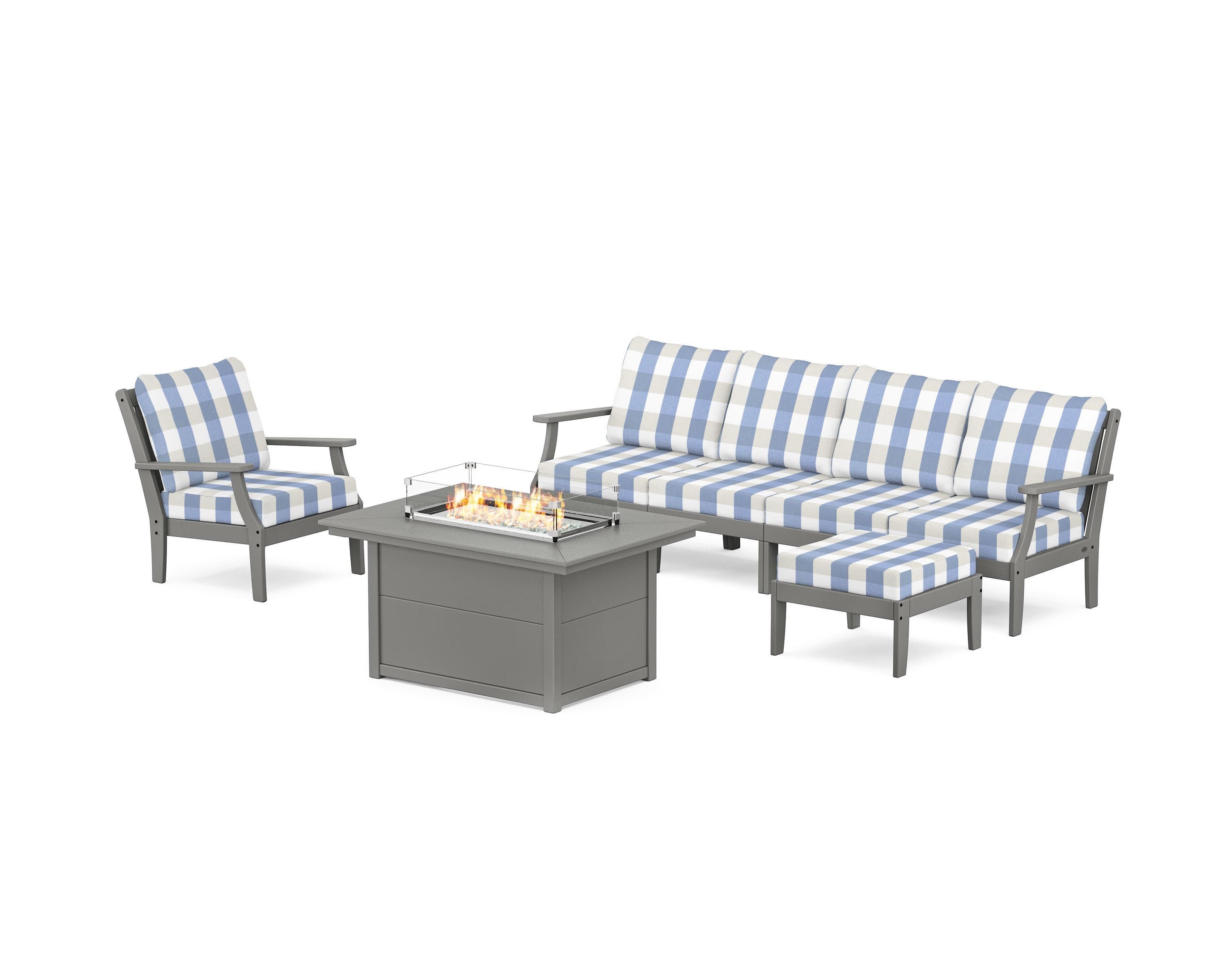 Braxton Sectional Lounge and Fire Pit Set in Slate Grey / Buffalo Plaid Sky Blue