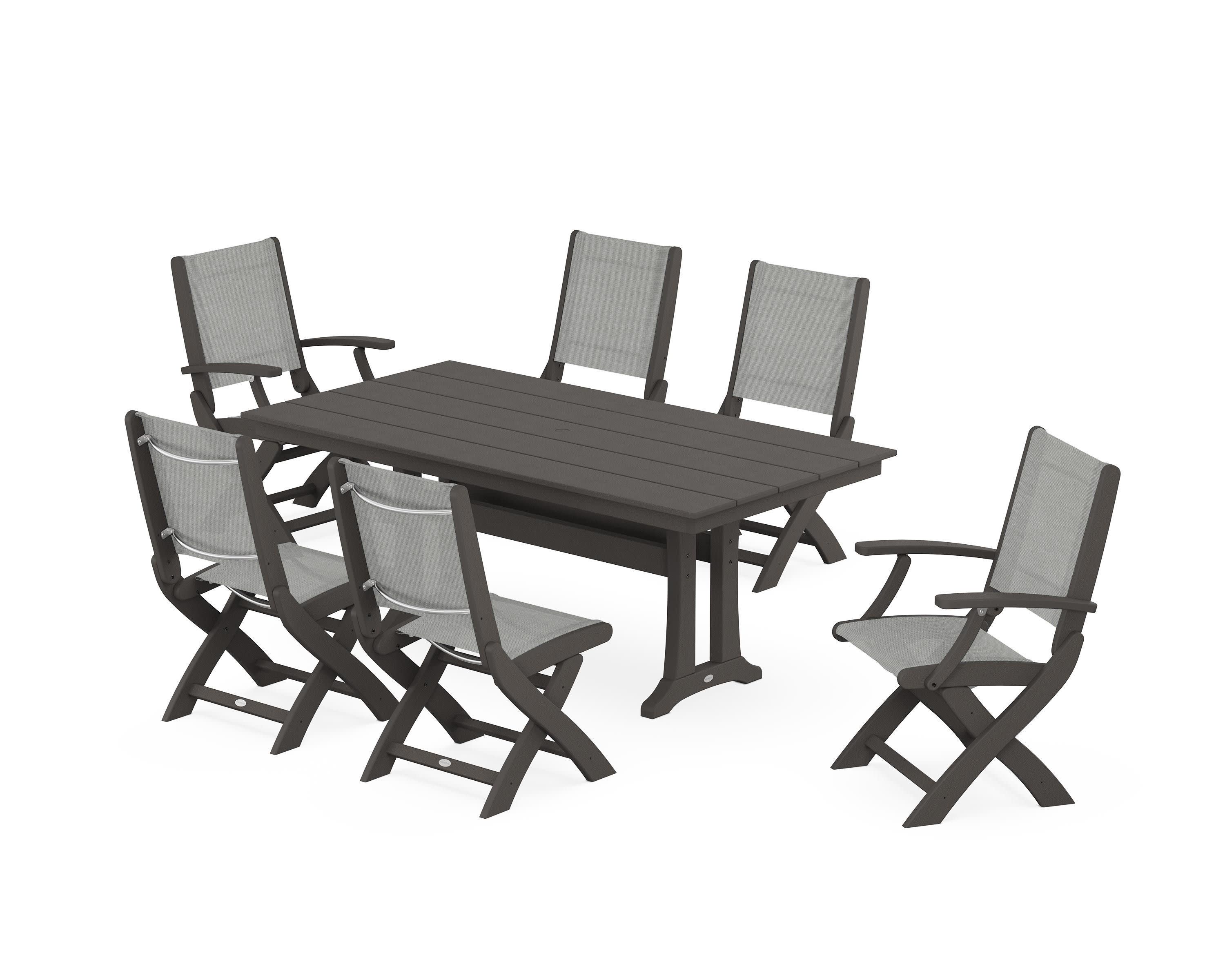 Coastal Folding Chair 7-Piece Farmhouse Dining Set with Trestle Legs in Vintage Coffee / Metallic Sling