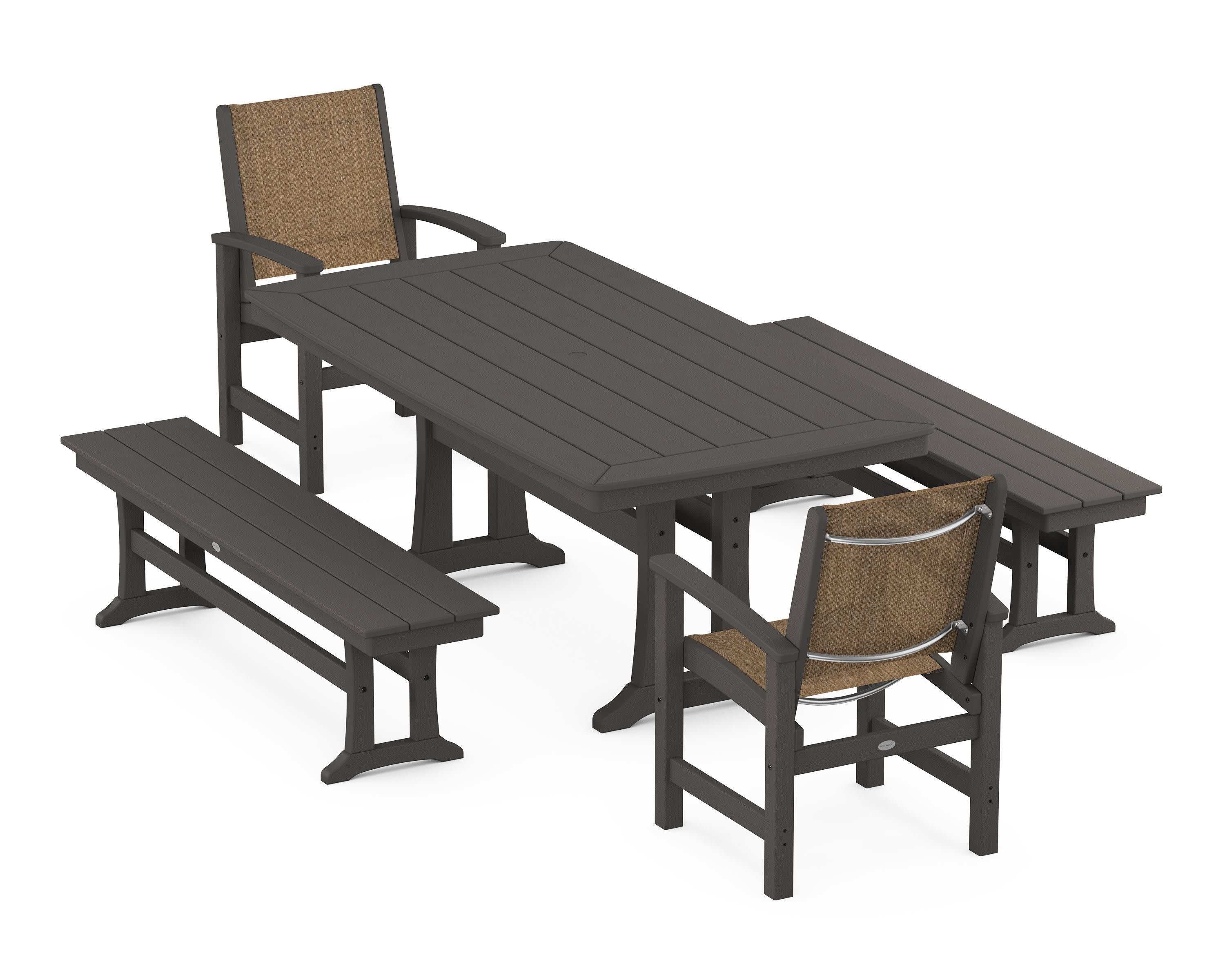 Coastal 5-Piece Dining Set with Trestle Legs and Benches in Vintage Coffee / Burlap Sling