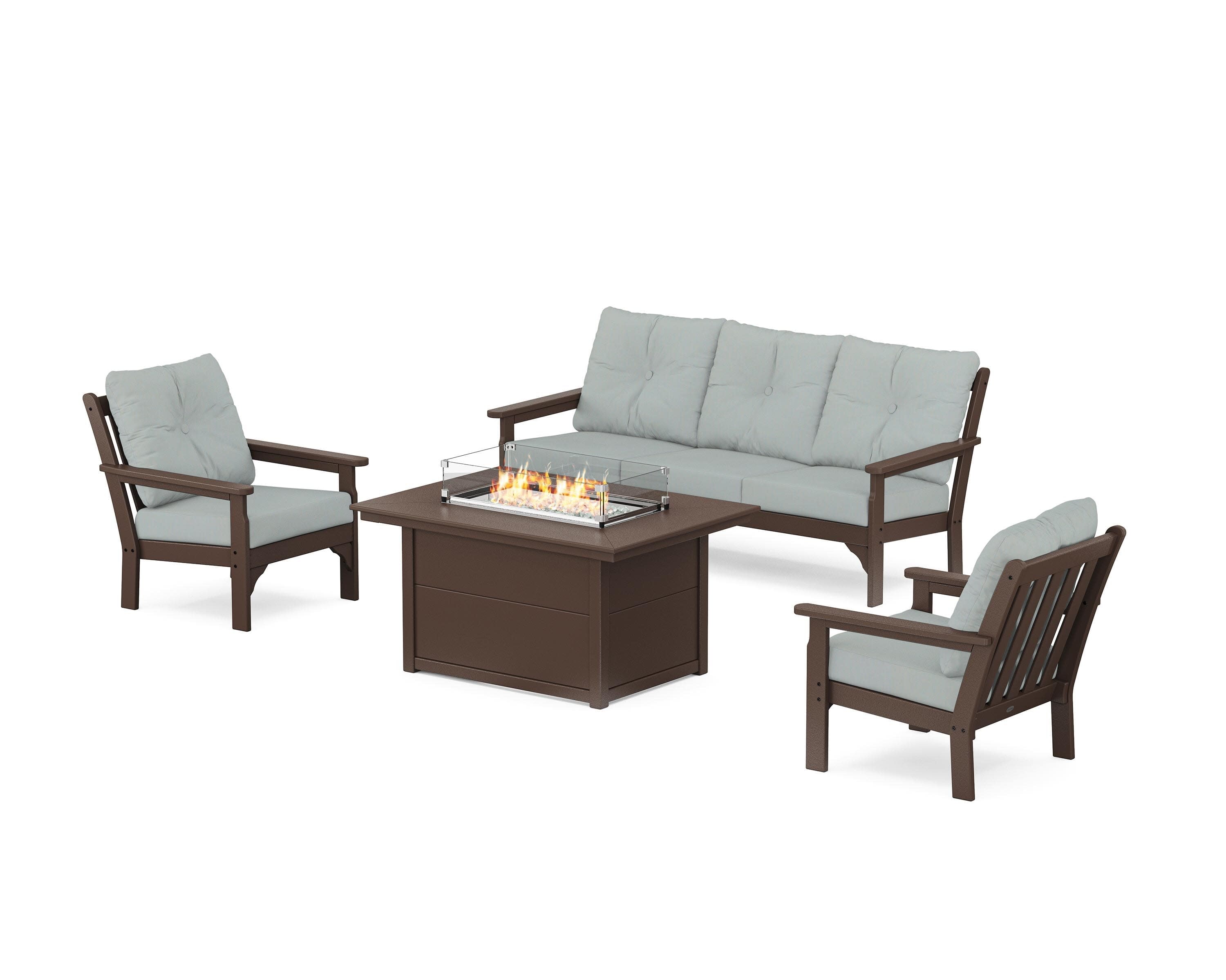 Vineyard Deep Seating Fire Pit Table Set in Mahogany / Spa