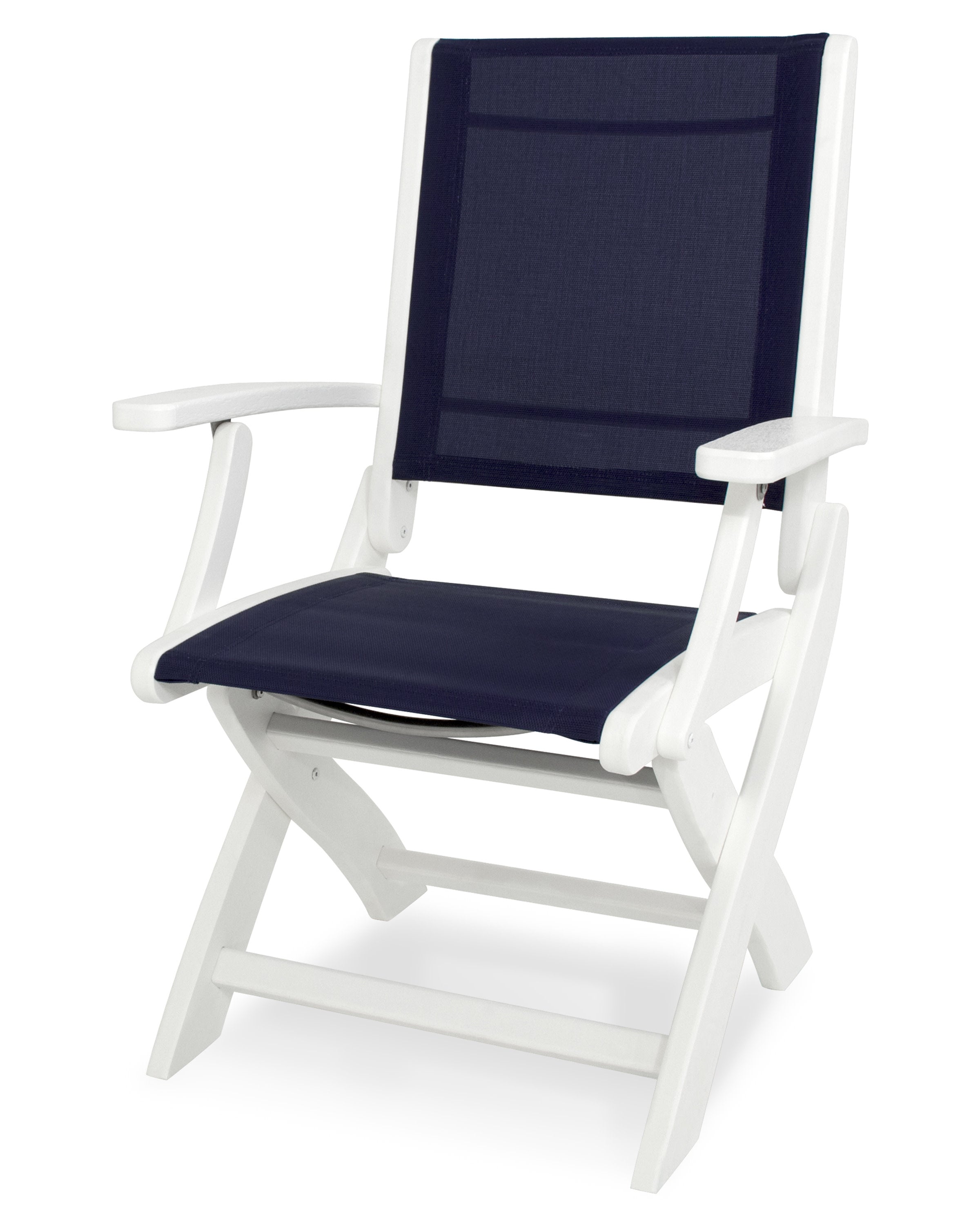 Coastal Folding Chair in White / Navy Blue Sling