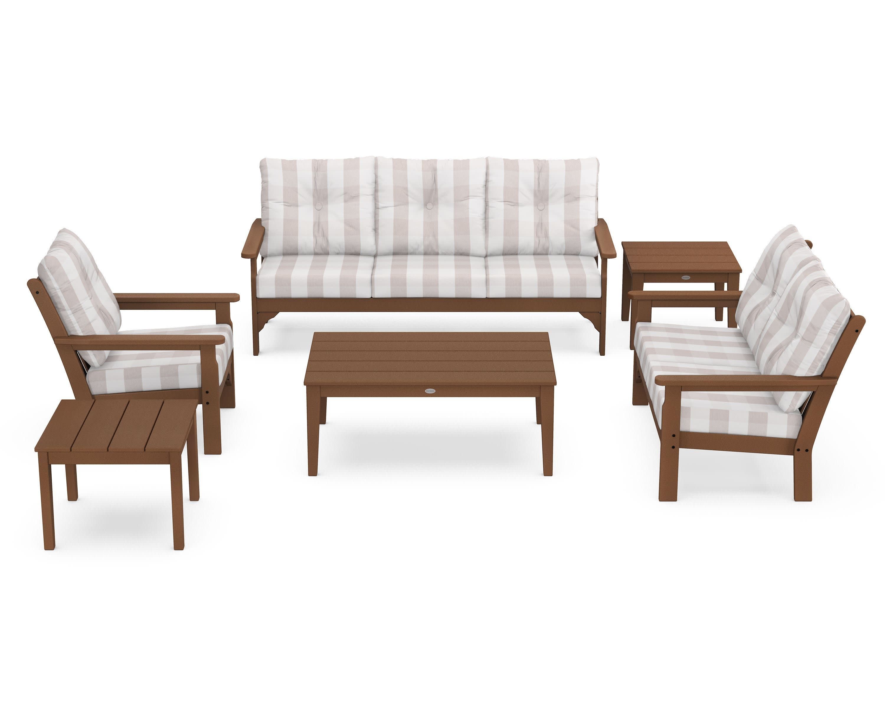 Vineyard 6-Piece Deep Seating Set in Teak / Buffalo Plaid Dune Burlap