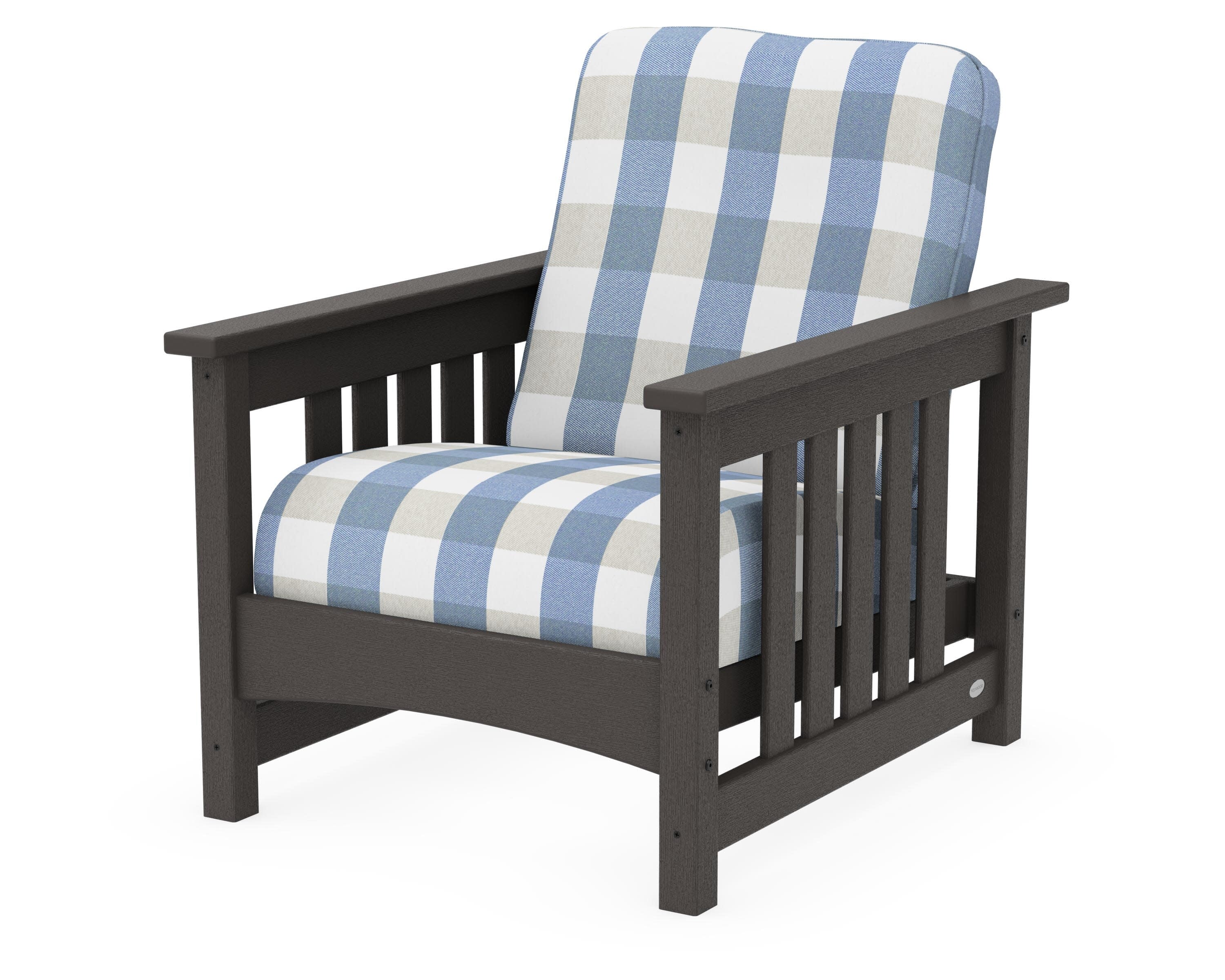 Club Mission Chair in Vintage Coffee / Buffalo Plaid Sky Blue