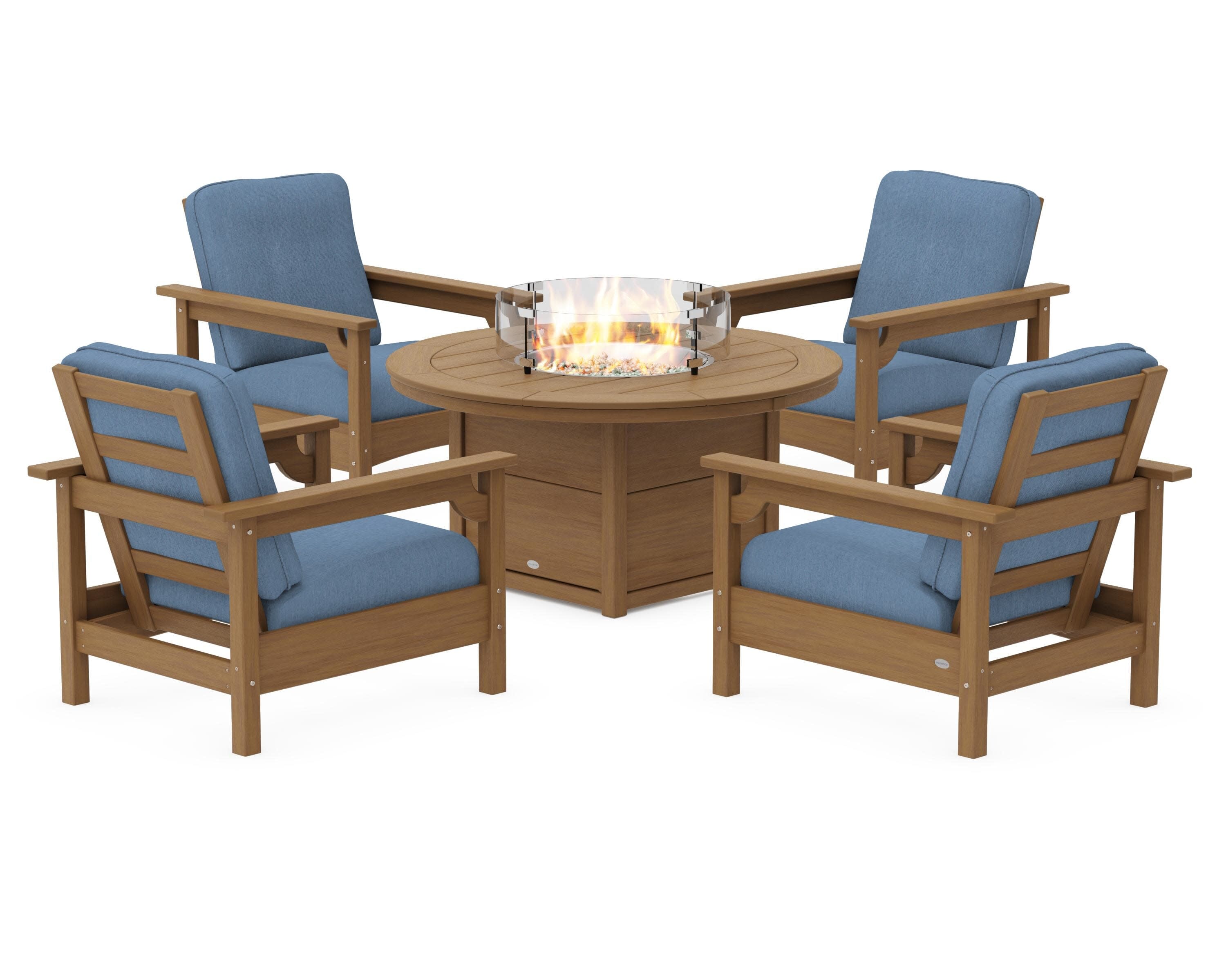 Club 5-Piece Conversation Set with Fire Pit Table in Natural / Sky Blue