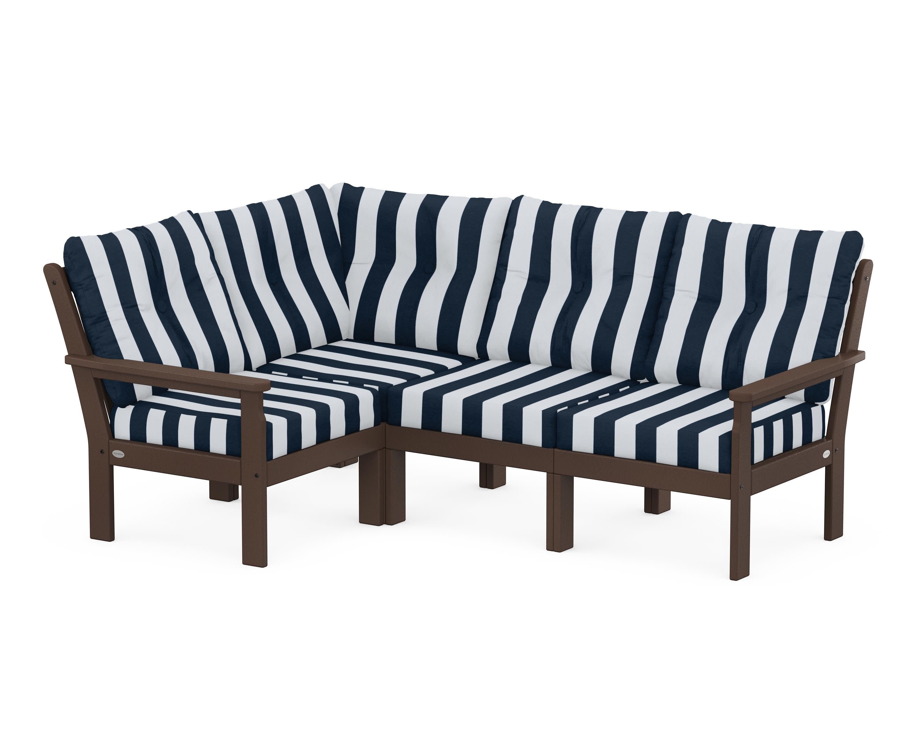 Vineyard 4-Piece Sectional in Mahogany / Cabana Stripe Marine Indigo