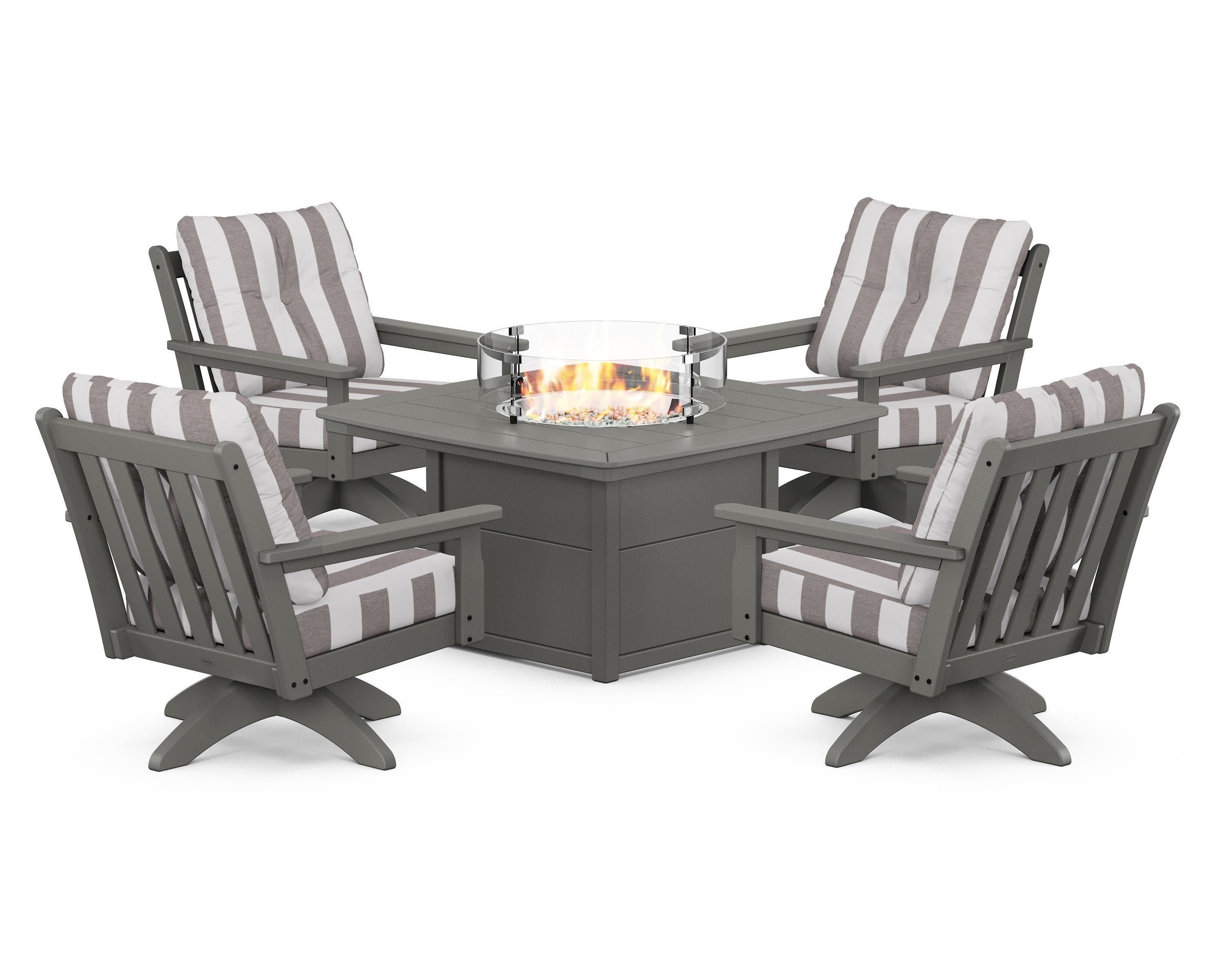 Vineyard 5-Piece Deep Seating Swivel Conversation Set with Fire Pit Table in Slate Grey / Cabana Stripe Grey Mist