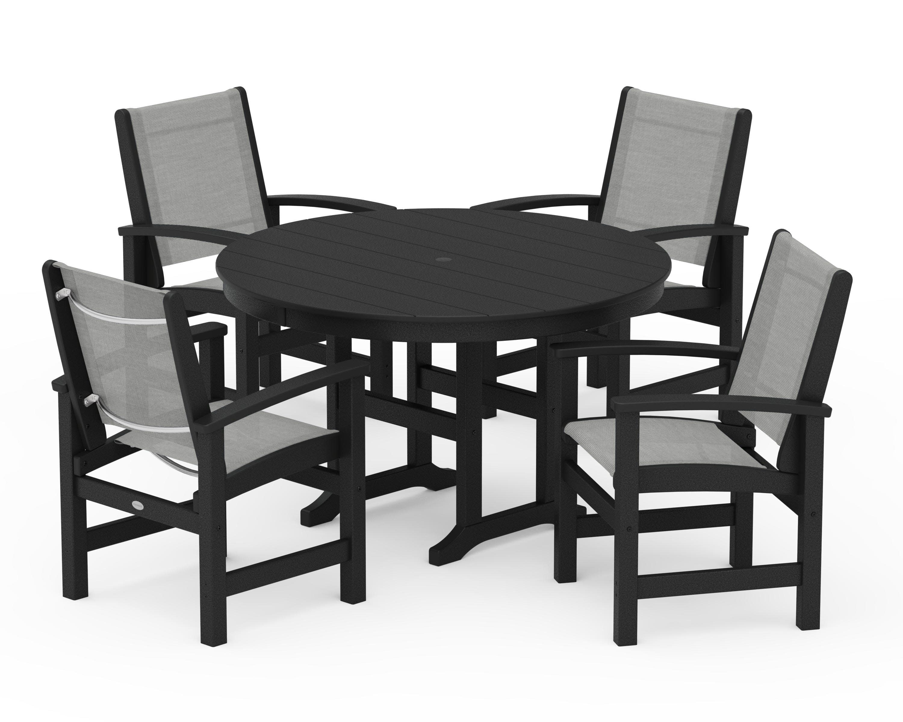 Coastal 5-Piece Round Farmhouse Dining Set in Black / Metallic Sling