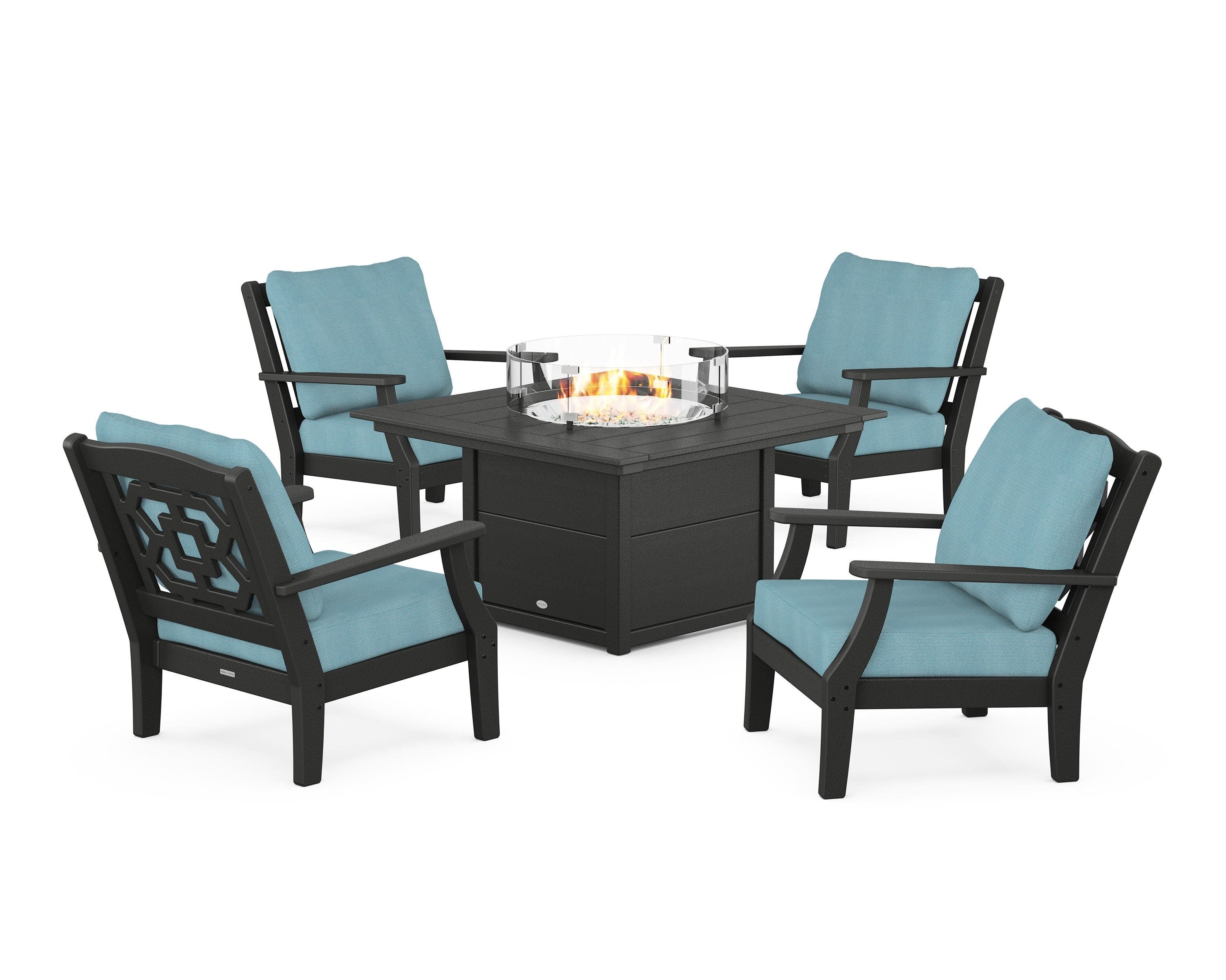 Chinoiserie 5-Piece Deep Seating Set with Fire Pit Table in Black / Lattice Sky Blue