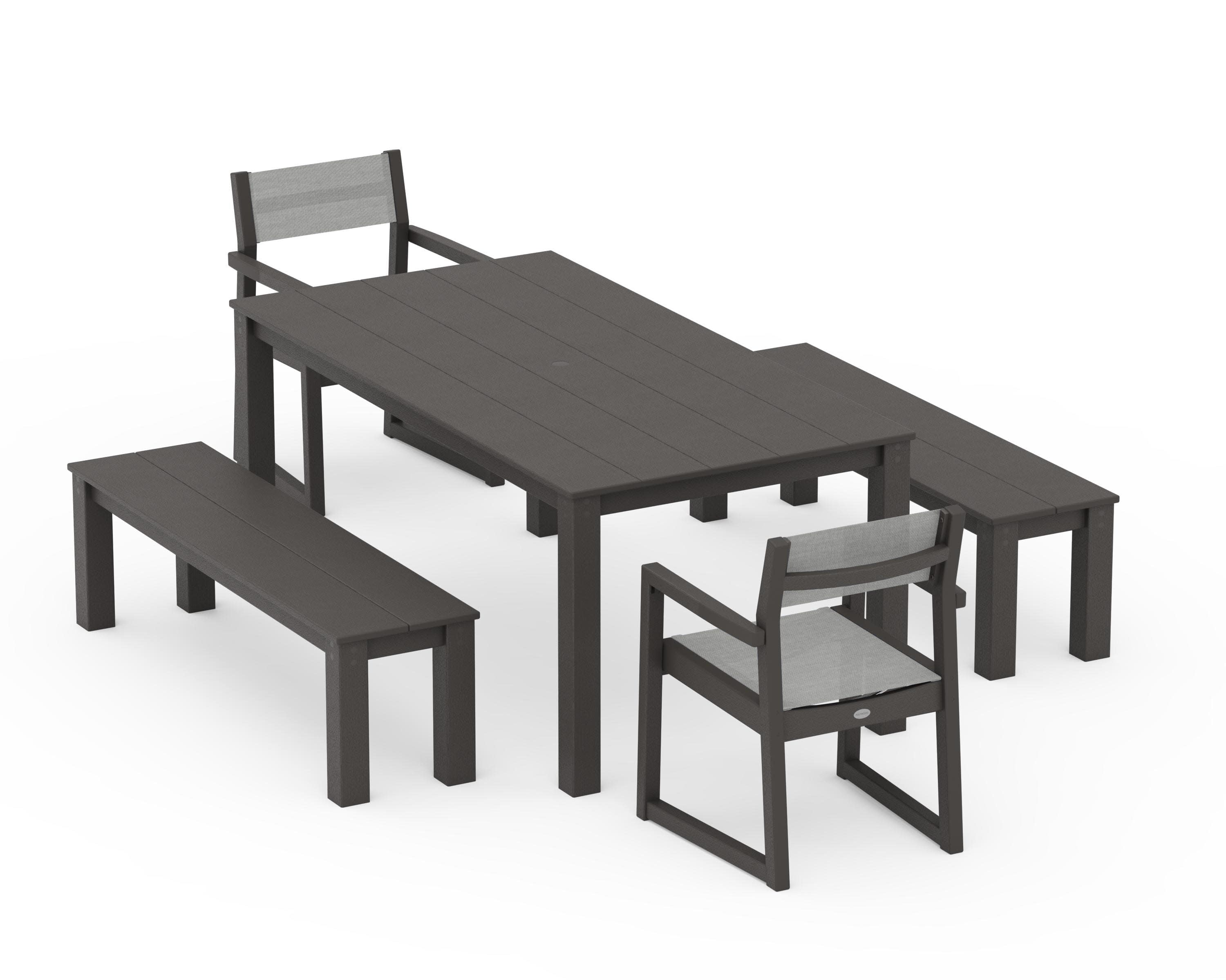 EDGE Sling Arm Chair 5-Piece Parsons Dining Set with Benches in Vintage Coffee / Metallic Sling