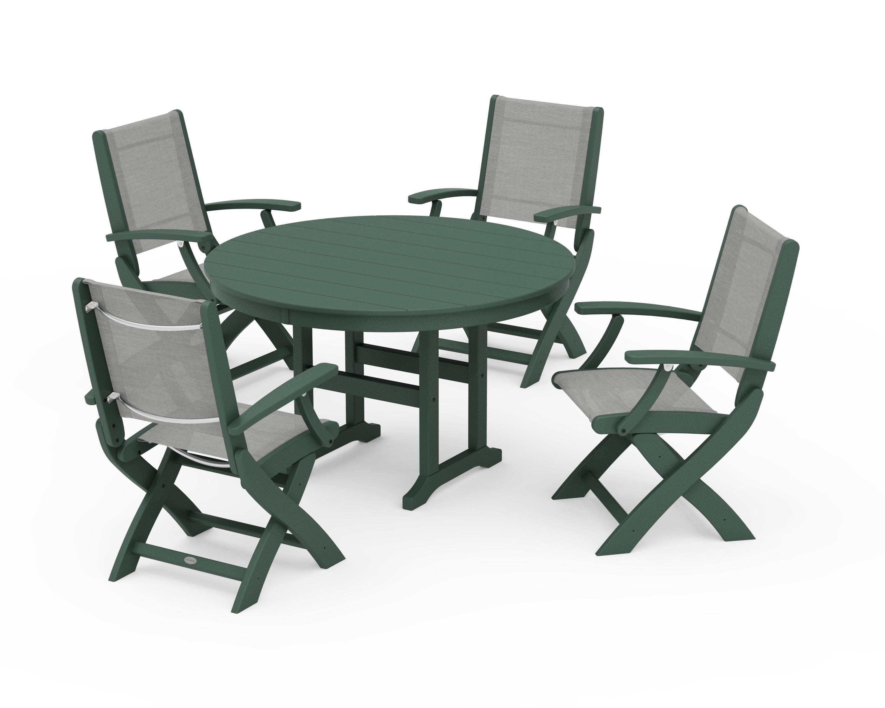 Coastal Folding Chair 5-Piece Round Dining Set in Green / Metallic Sling