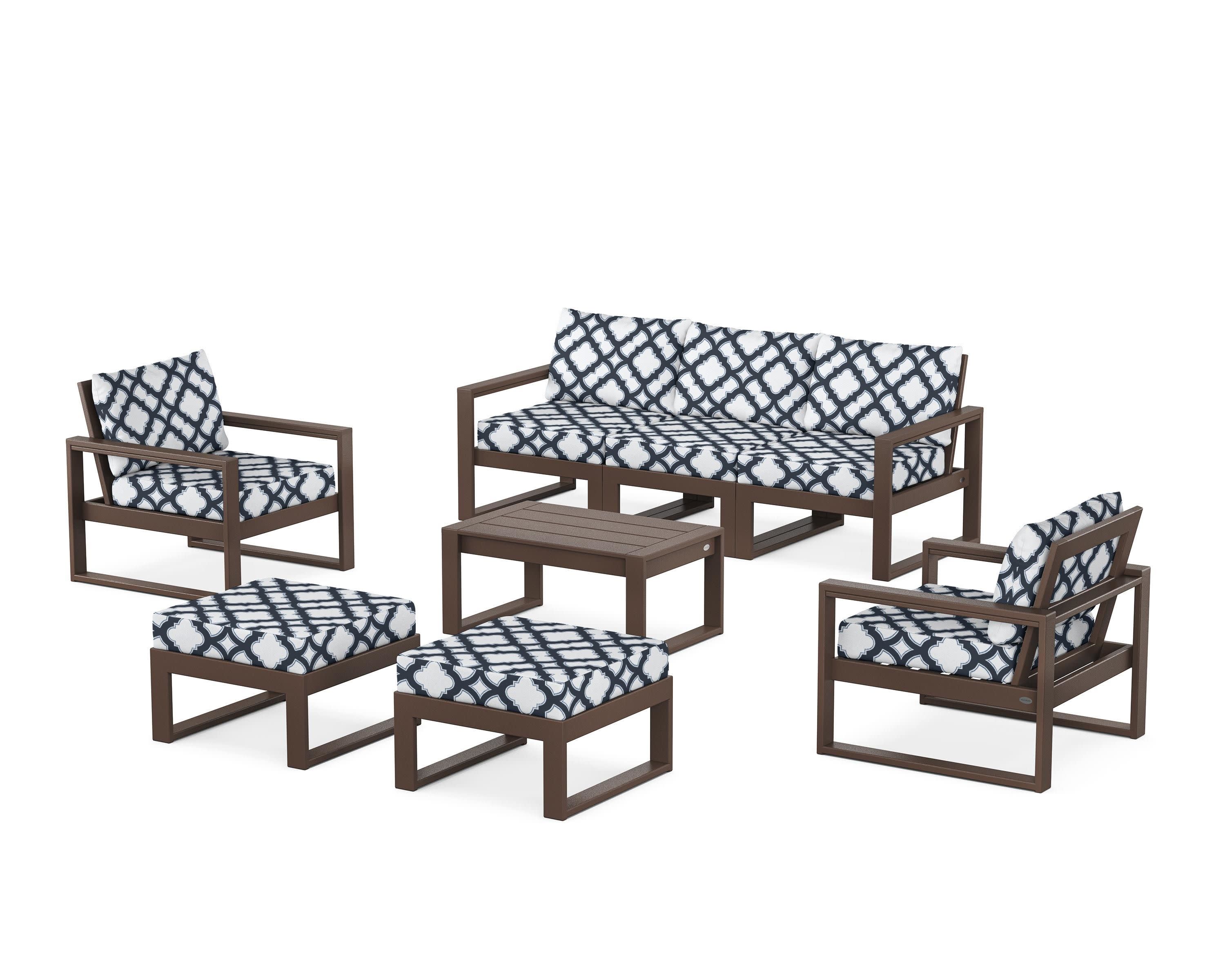 EDGE Sectional 8-Piece Lounge Sofa Set in Mahogany / Trellis Marine Indigo