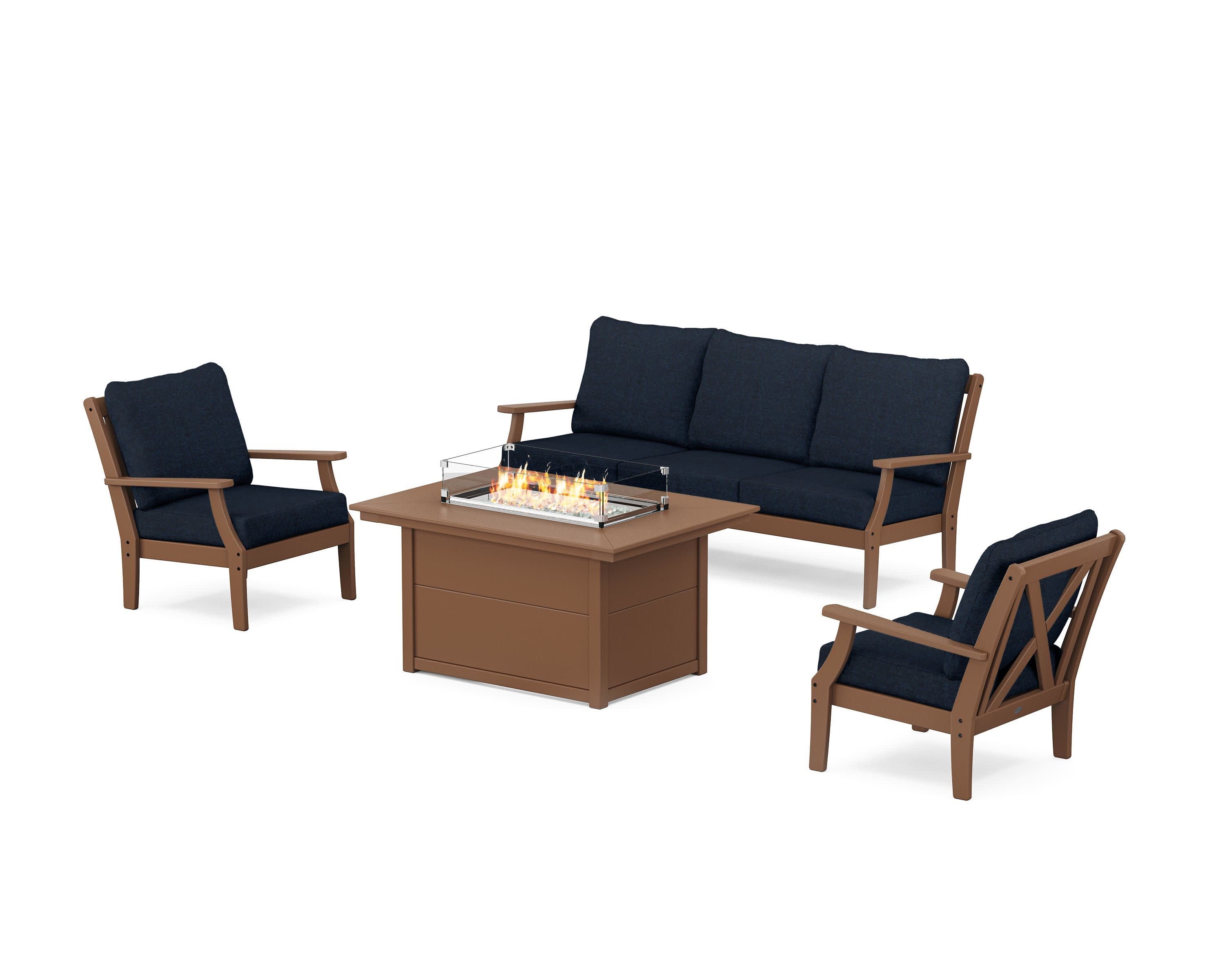Braxton Deep Seating Fire Pit Table Set in Teak / Marine Indigo