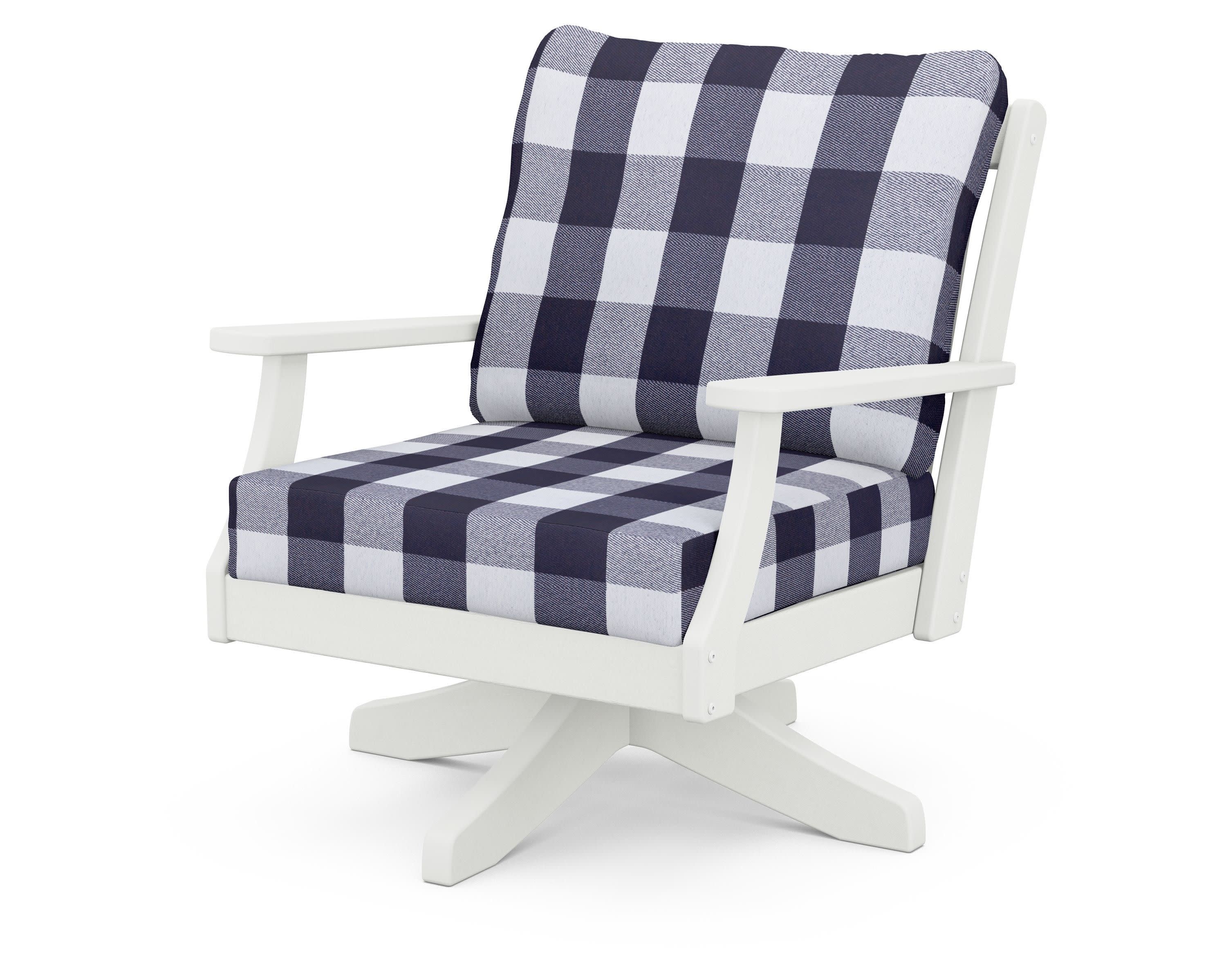 Braxton Deep Seating Swivel Chair in Vintage White / Buffalo Plaid Navy