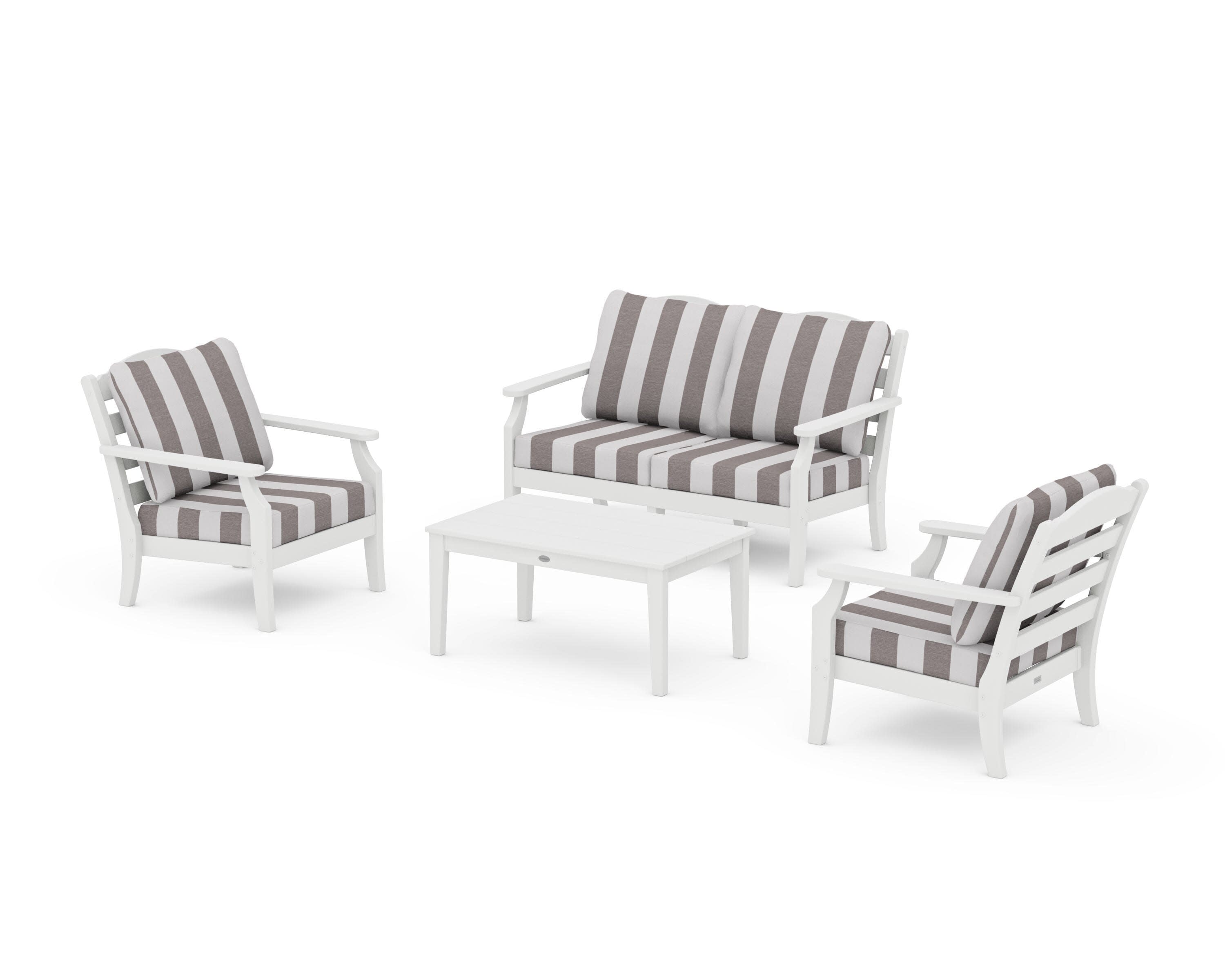 Savannah 4-Piece Deep Seating Set with Loveseat in White / Cabana Stripe Grey Mist
