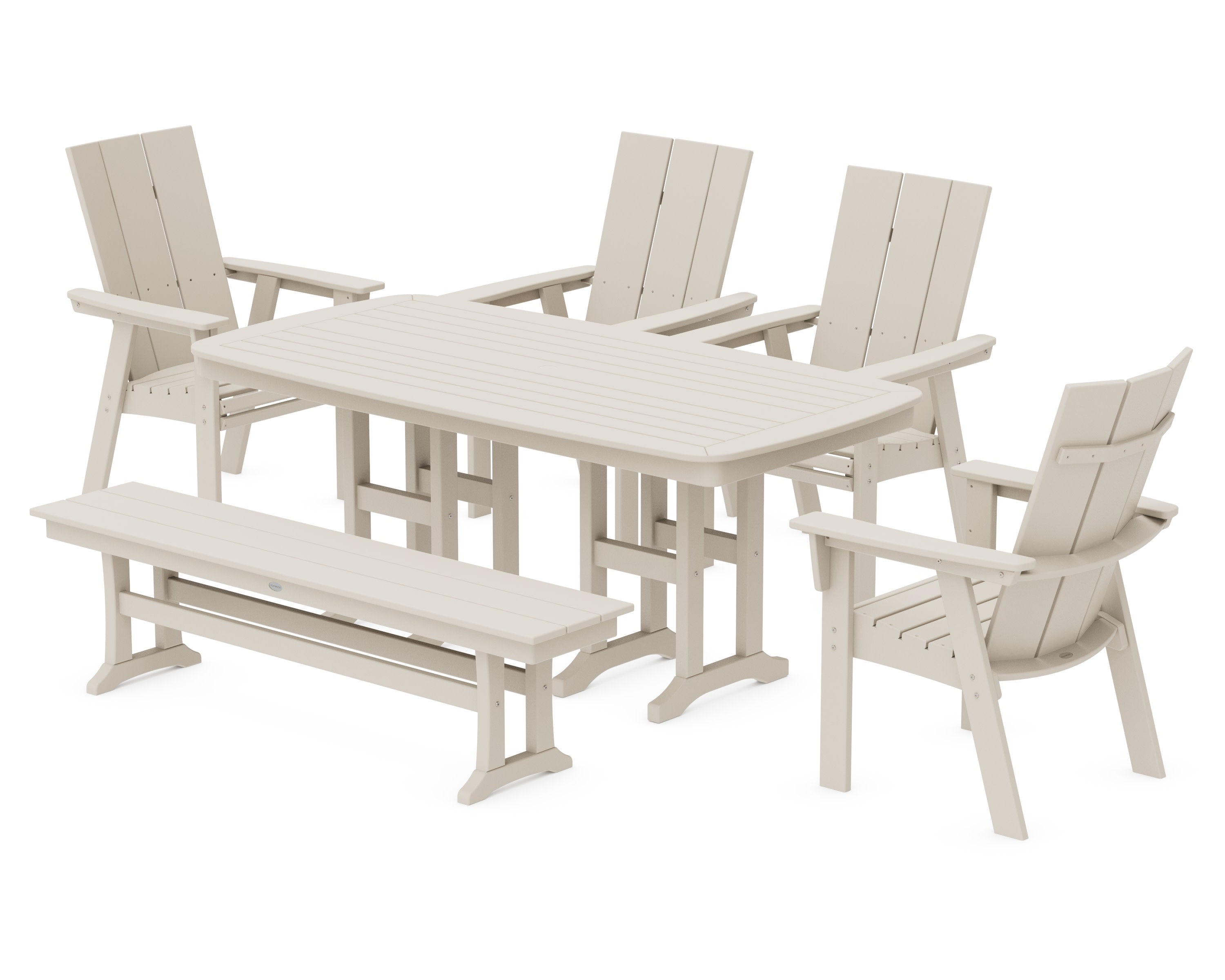Modern Curveback Adirondack 6-Piece Dining Set with Bench in Sand