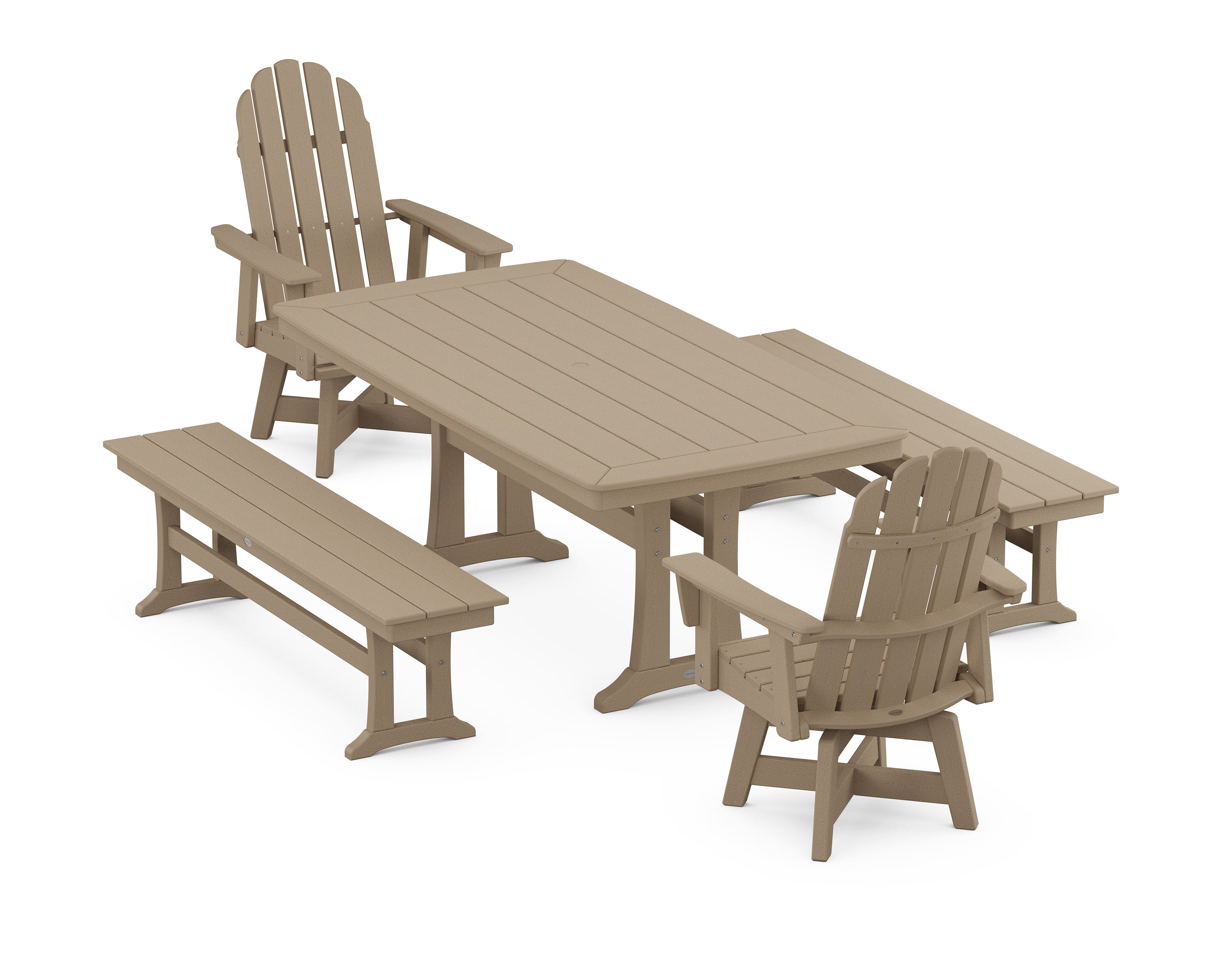 Vineyard Adirondack Swivel Chair 5-Piece Dining Set with Trestle Legs and Benches in Vintage Sahara