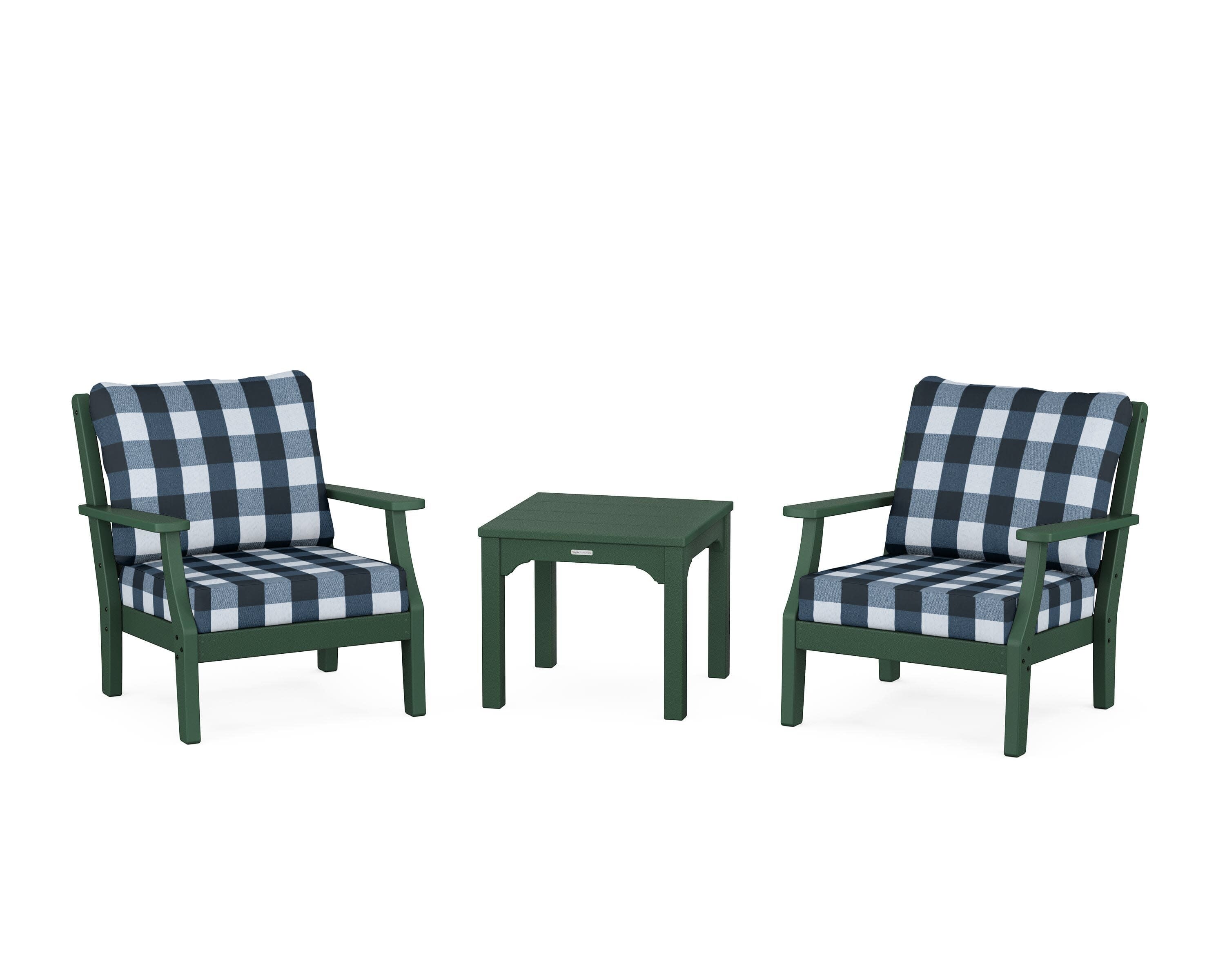 Chinoiserie 3-Piece Deep Seating Set in Green / Buffalo Plaid Marine Indigo