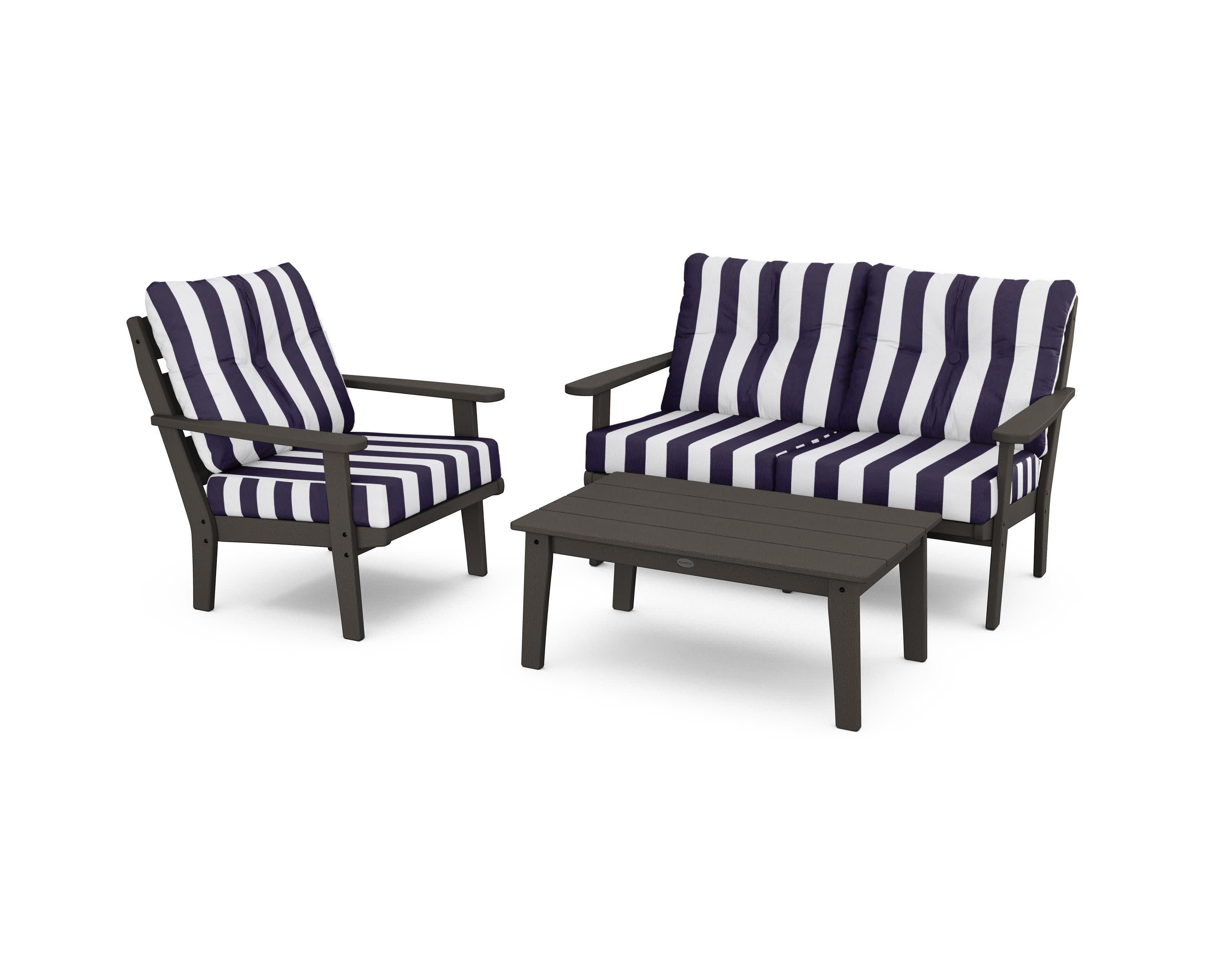 Lakeside 3-Piece Deep Seating Set in Vintage Coffee / Cabana Stripe Navy