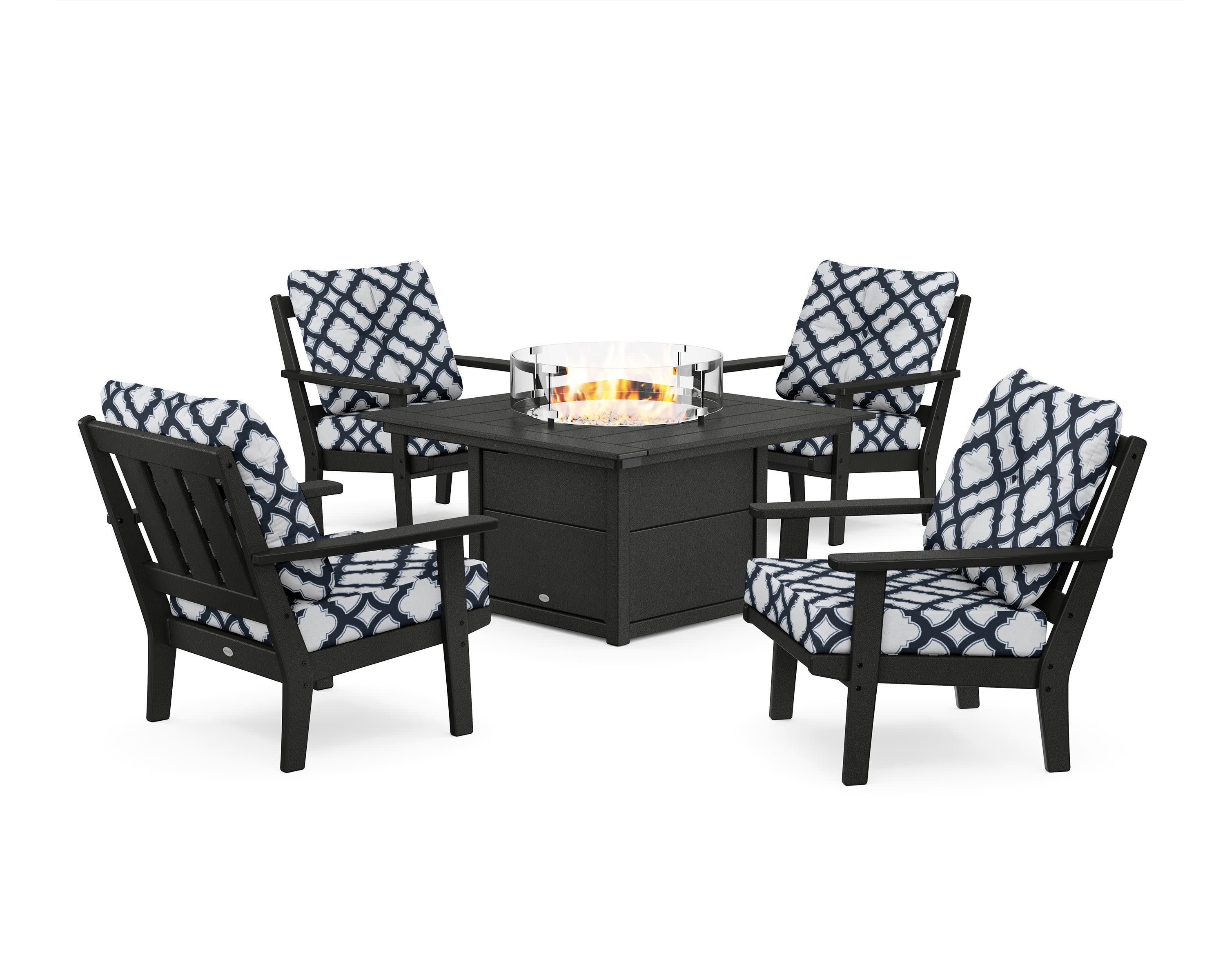 Oxford 5-Piece Deep Seating Set with Fire Pit Table in Black / Trellis Marine Indigo